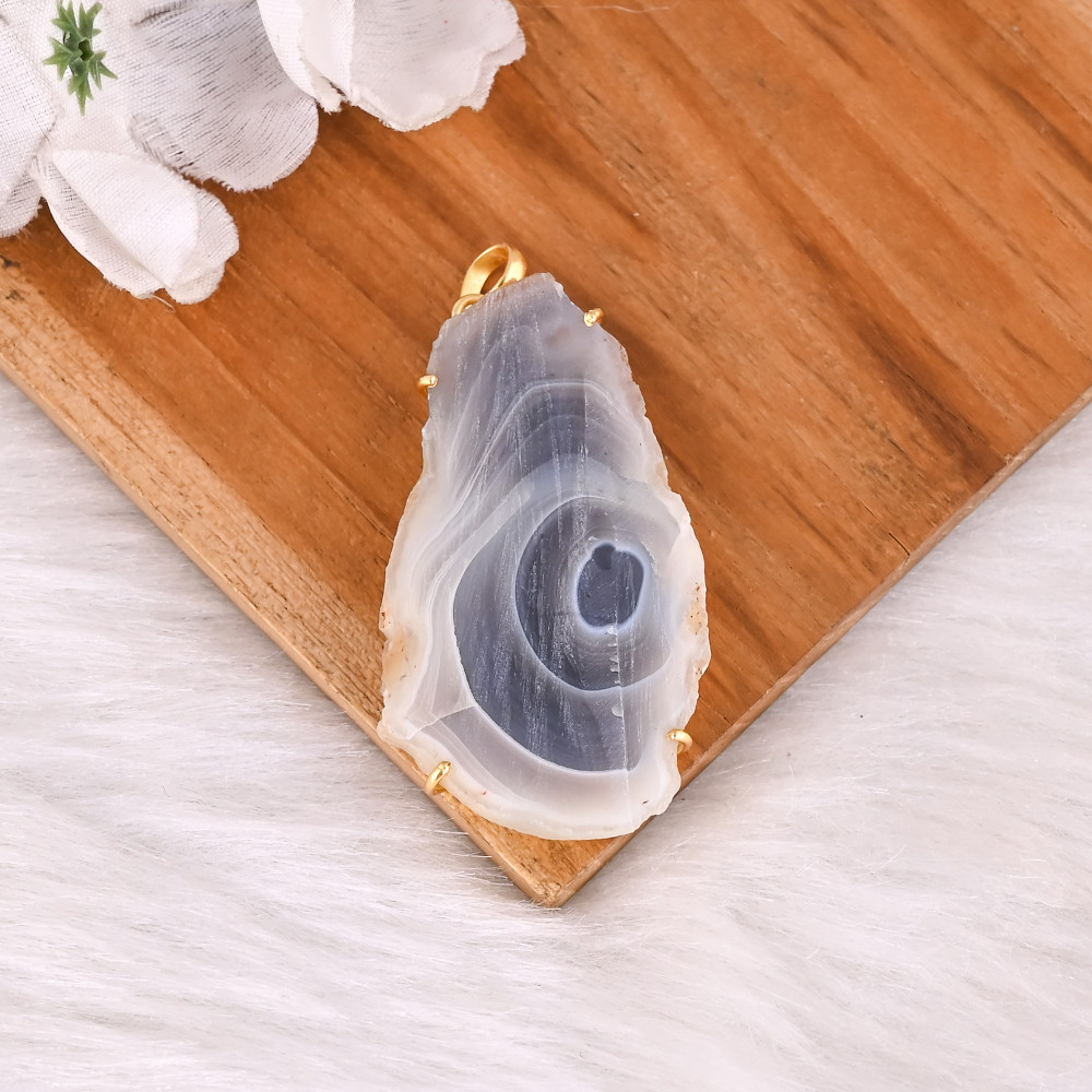 Image of Natural Brazilian Slice Agate Pendant Brass Prong Set Gemstone Jewelry