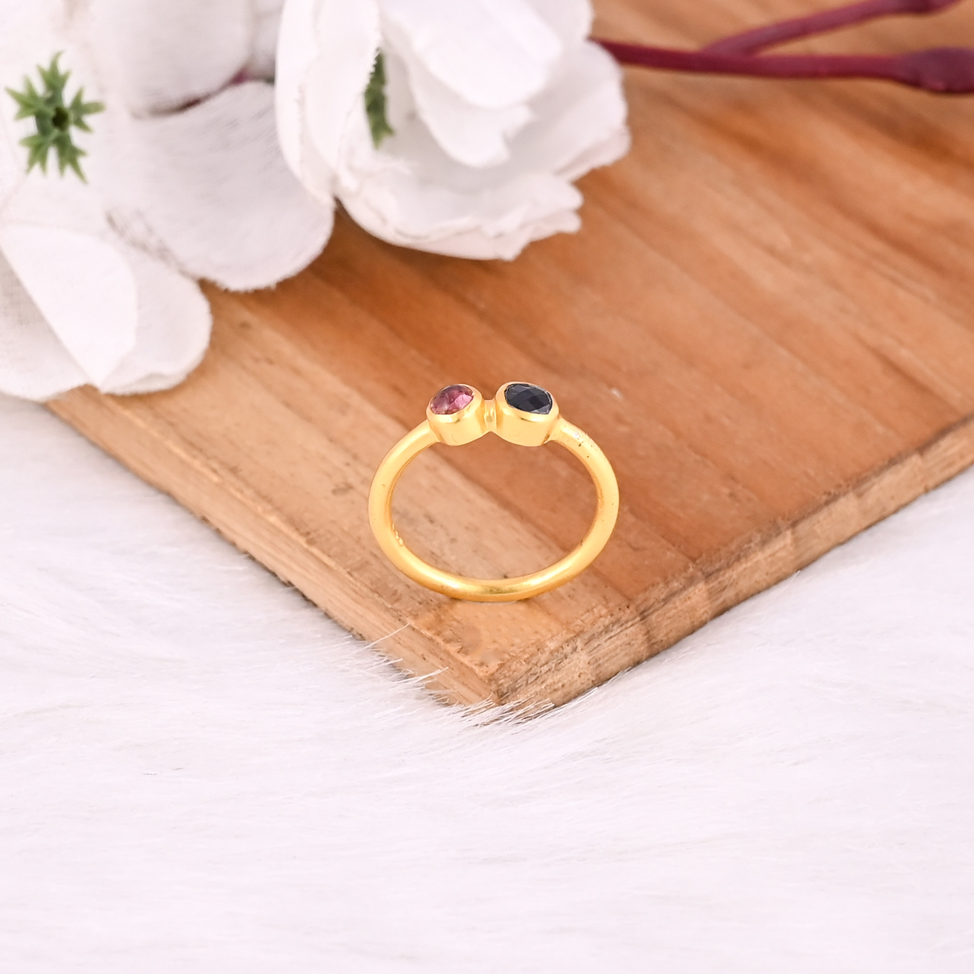 925 Sterling Silver Natural Tourmaline  Black Onyx Yellow Gold Plated Handmade Anniversary Gift Statement Ring Jewelry