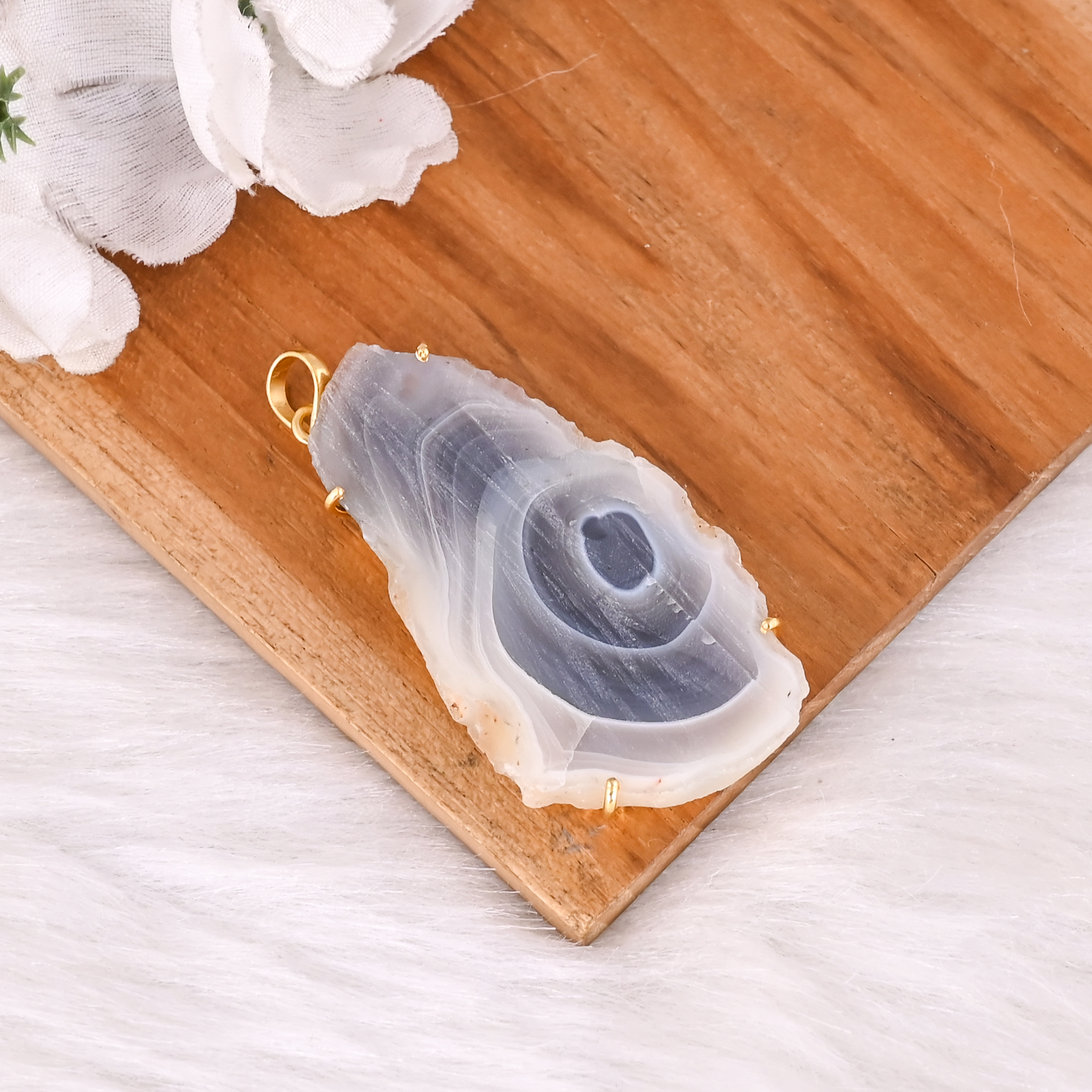 Natural Brazilian Slice Agate Pendant Brass Prong Set Gemstone Jewelry