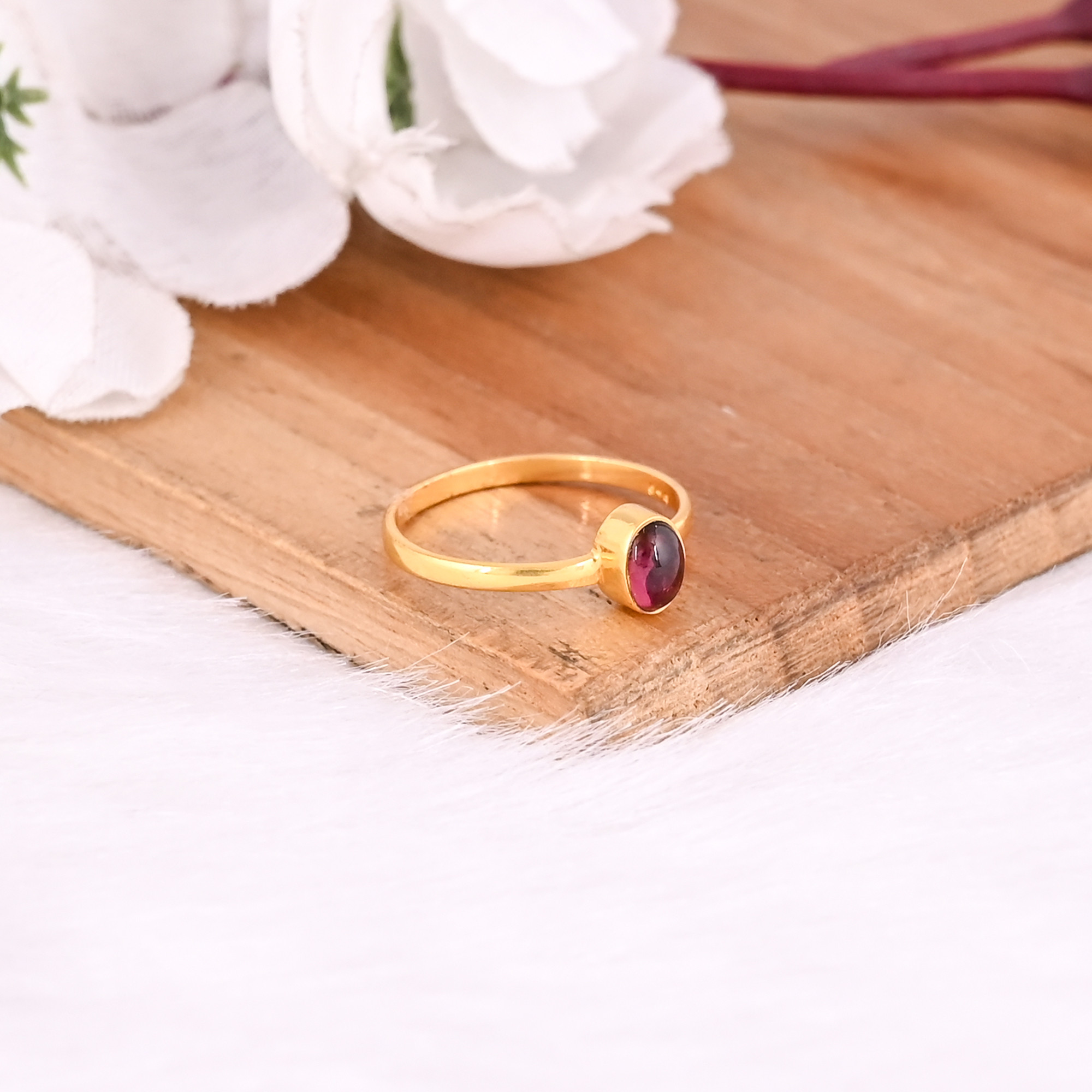 925 Sterling Silver Natural Pink Tourmaline Yellow Gold Plated Handmade Stacking Ring Christmas Gift Jewelry