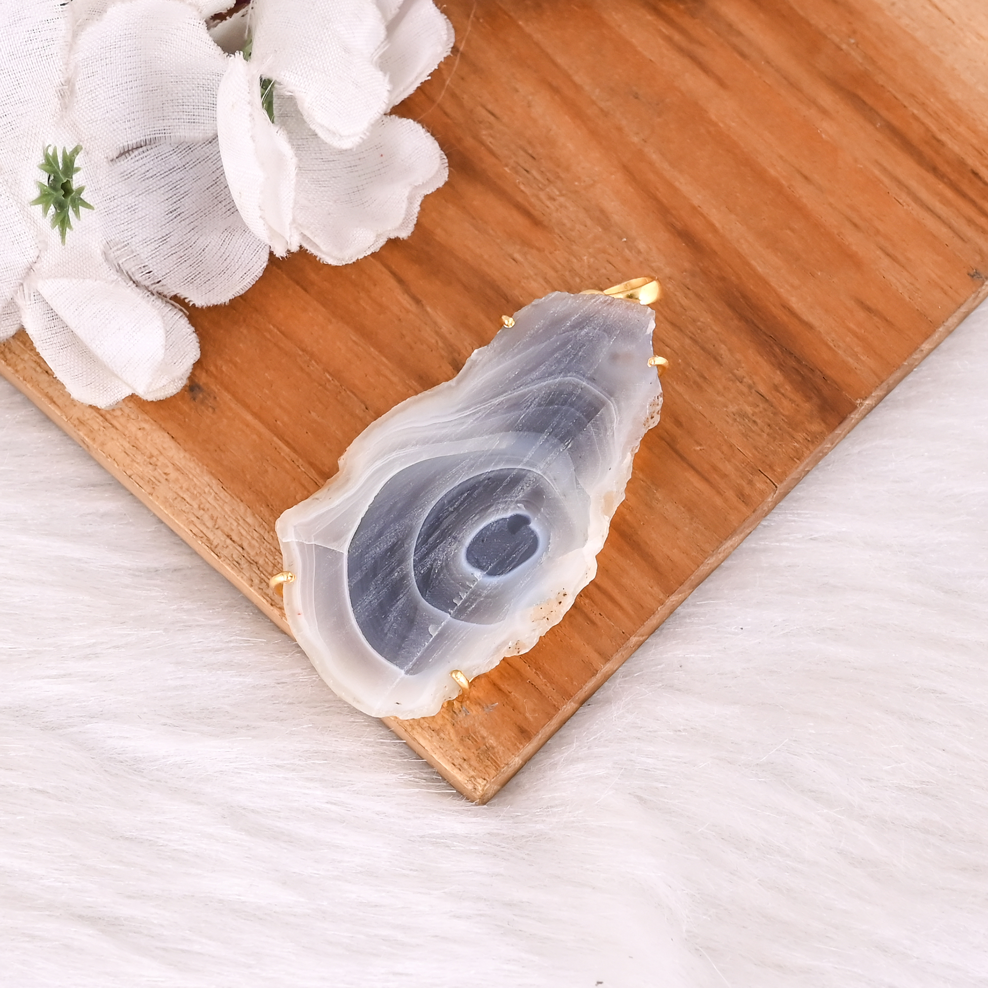 Natural Brazilian Slice Agate Pendant Brass Prong Set Gemstone Jewelry