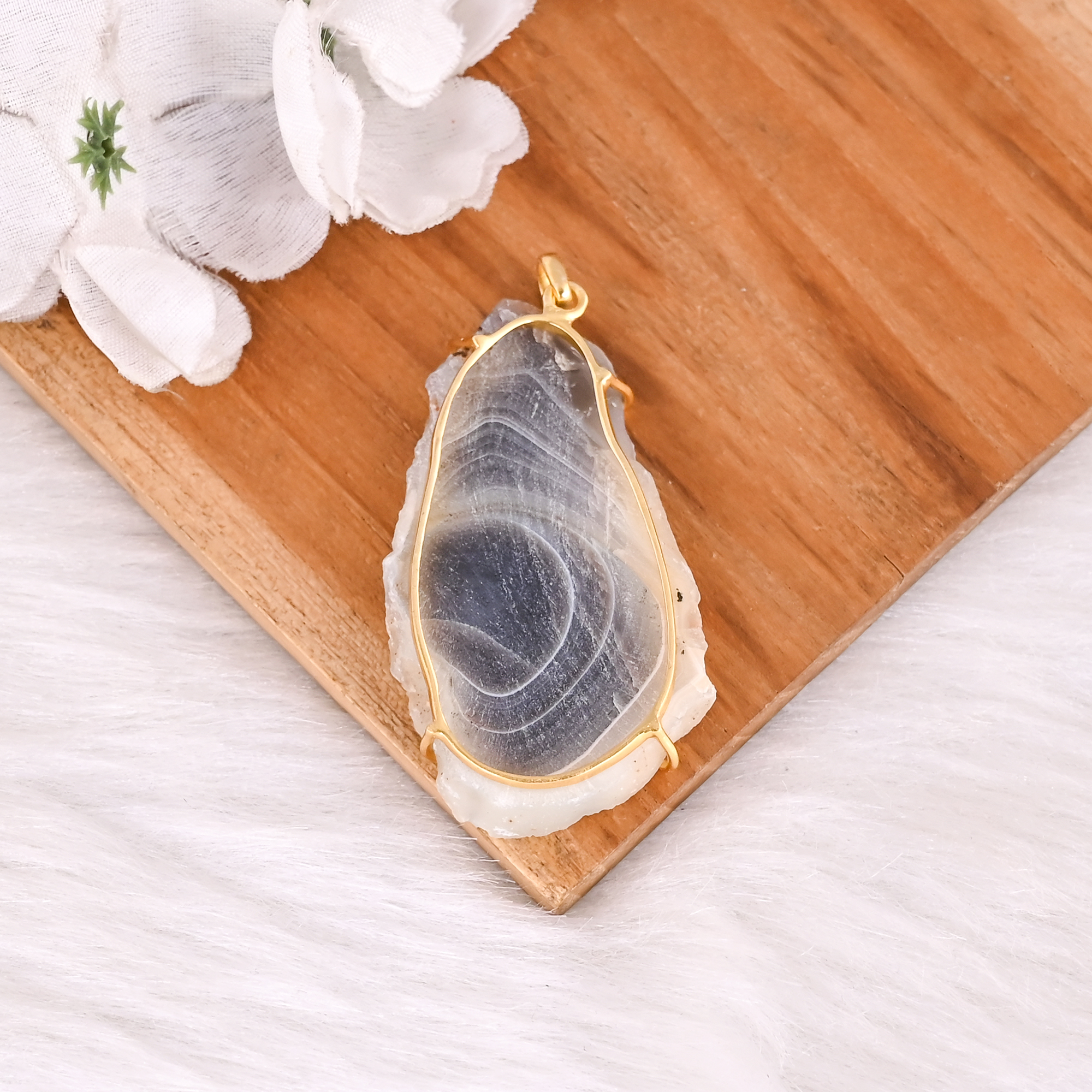 Natural Brazilian Slice Agate Pendant Brass Prong Set Gemstone Jewelry