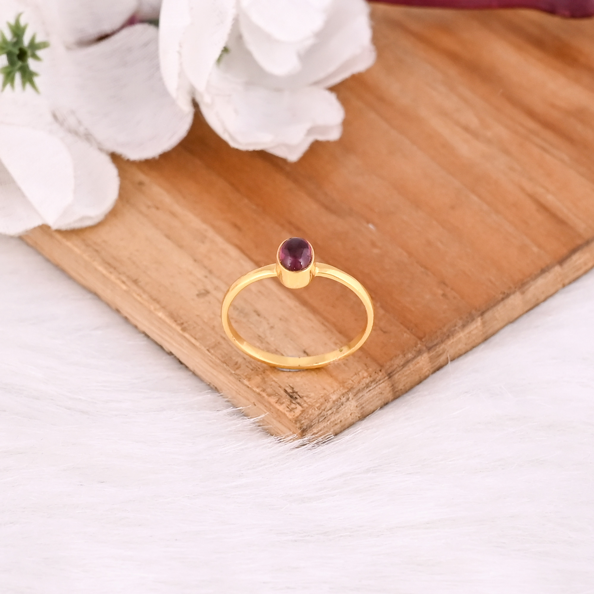 925 Sterling Silver Natural Pink Tourmaline Yellow Gold Plated Handmade Stacking Ring Christmas Gift Jewelry