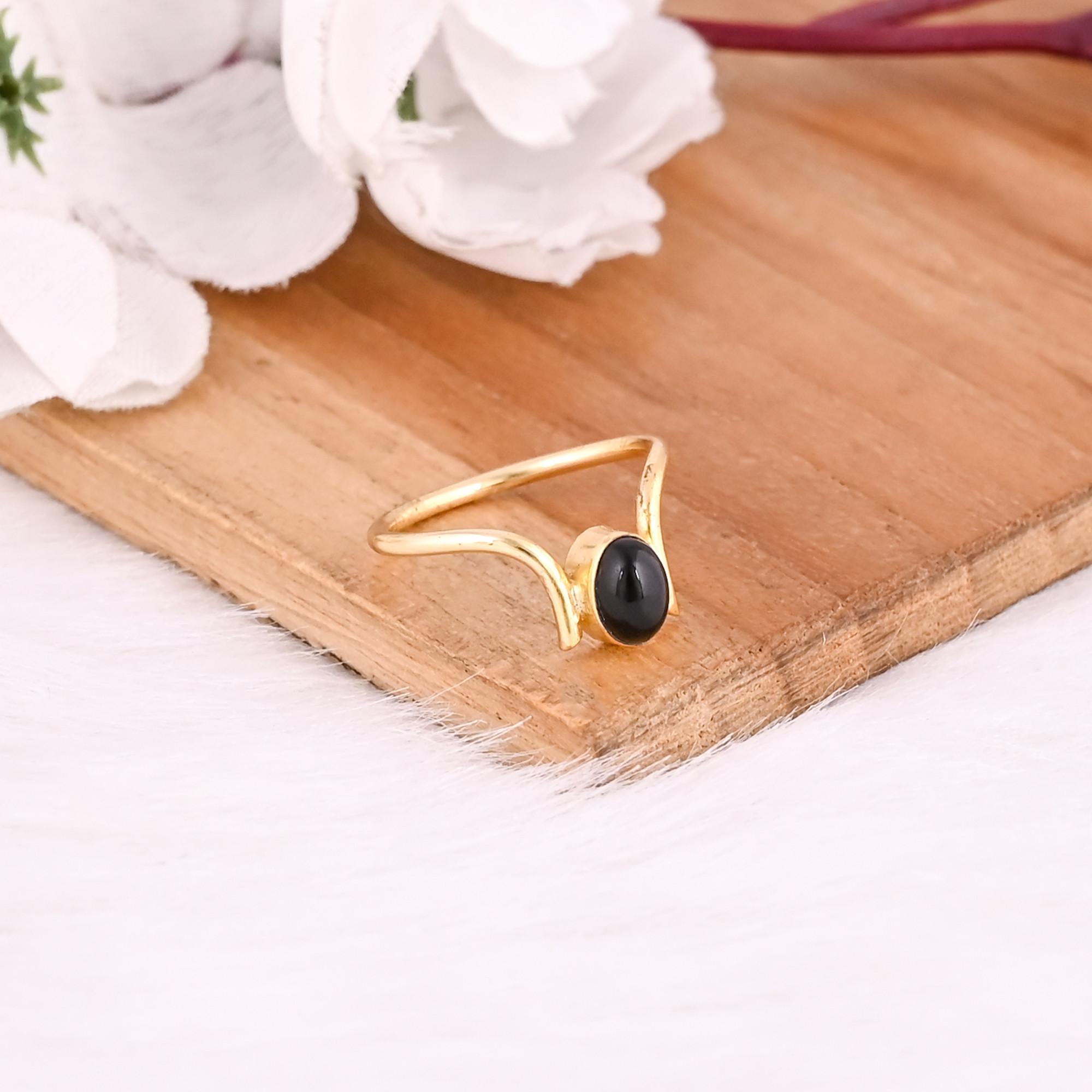 925 Sterling Solid Silver Natural Black Onyx Gemstone Yellow Gold Plated Handmade Designer Wedding Engagement Ring