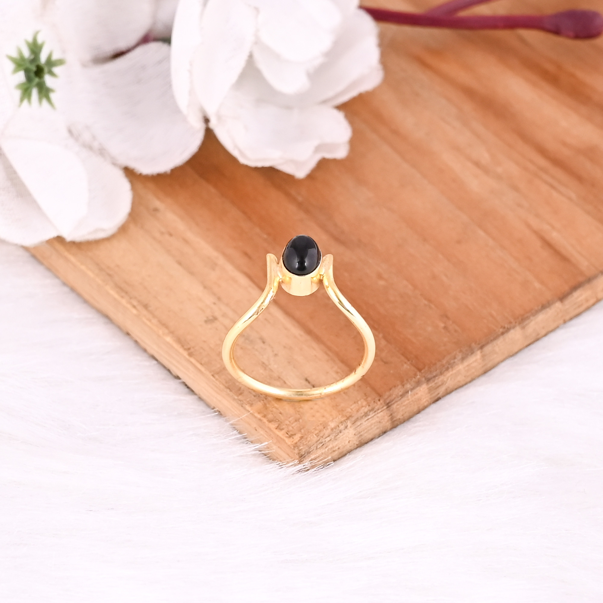 925 Sterling Solid Silver Natural Black Onyx Gemstone Yellow Gold Plated Handmade Designer Wedding Engagement Ring