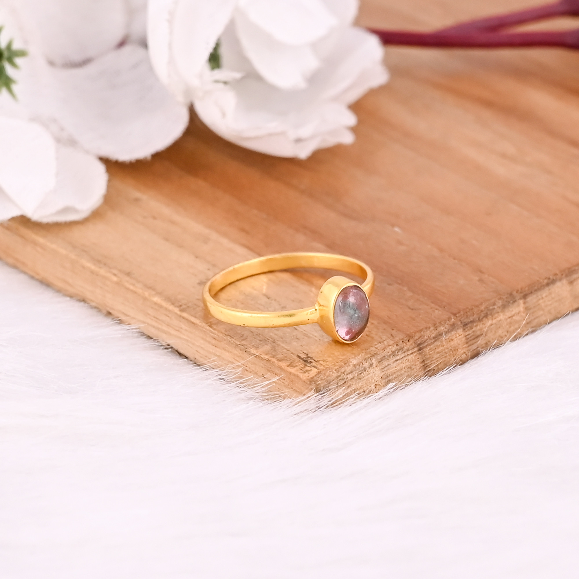 925 Sterling Silver Natural Pink Tourmaline oval Yellow Gold Plated Handmade Designer Womens Fine Ring Jewelry