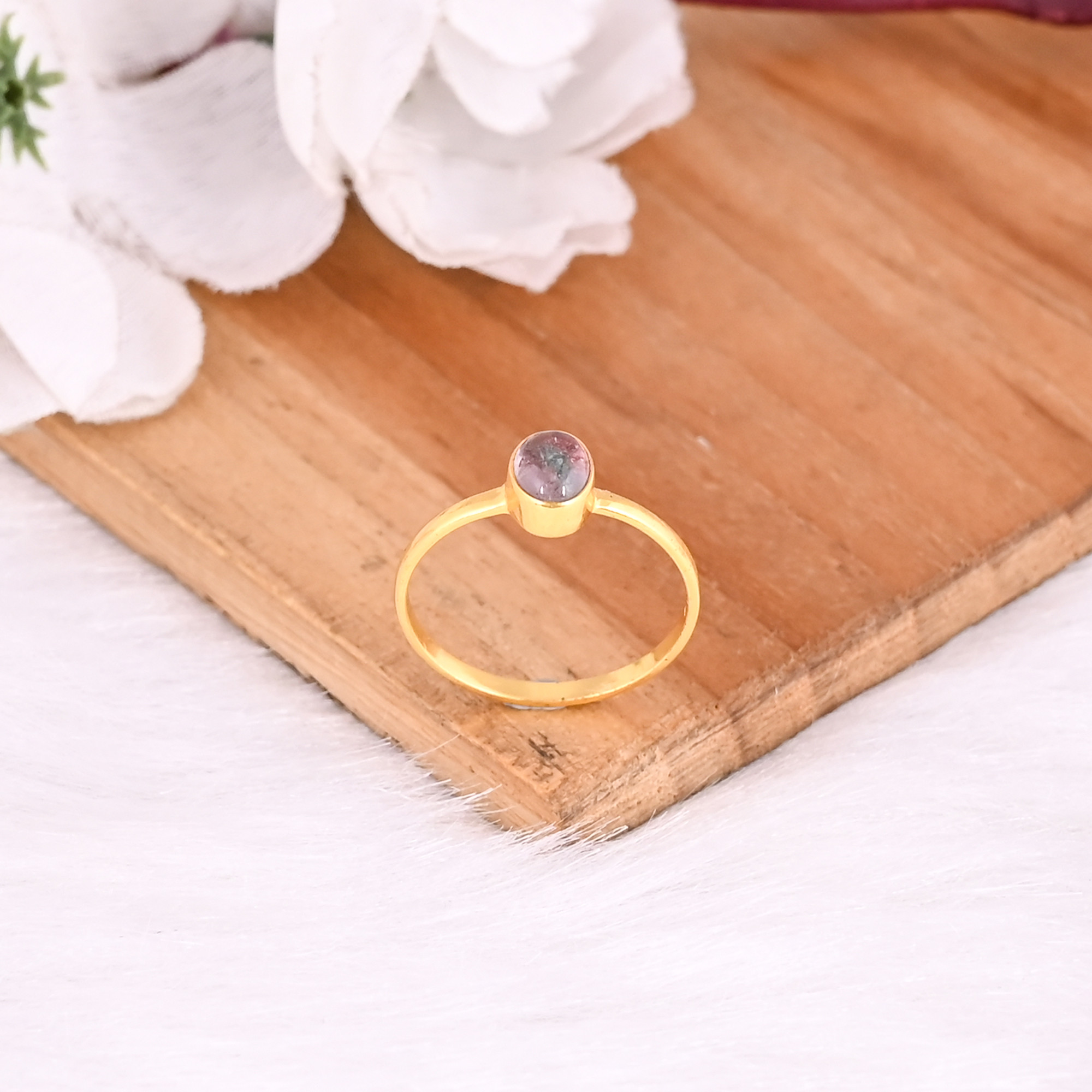 925 Sterling Silver Natural Pink Tourmaline oval Yellow Gold Plated Handmade Designer Womens Fine Ring Jewelry