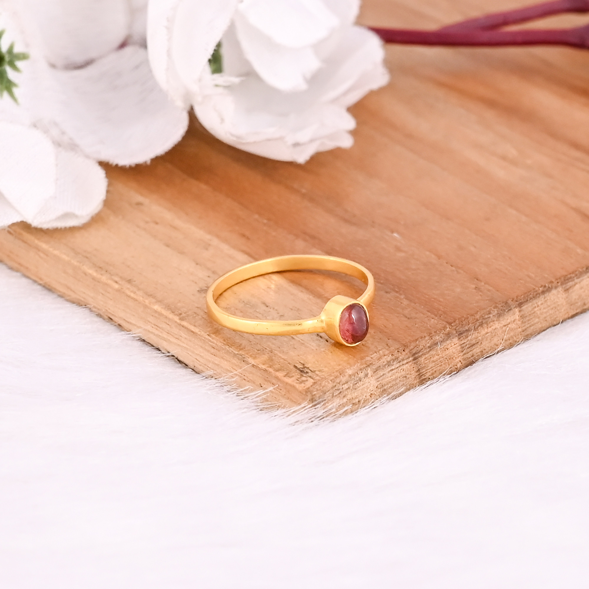 925 Sterling Silver Natural Pink Tourmaline Handmade Yellow Gold Plated Ring Fine Jewelry Wholesale Rings