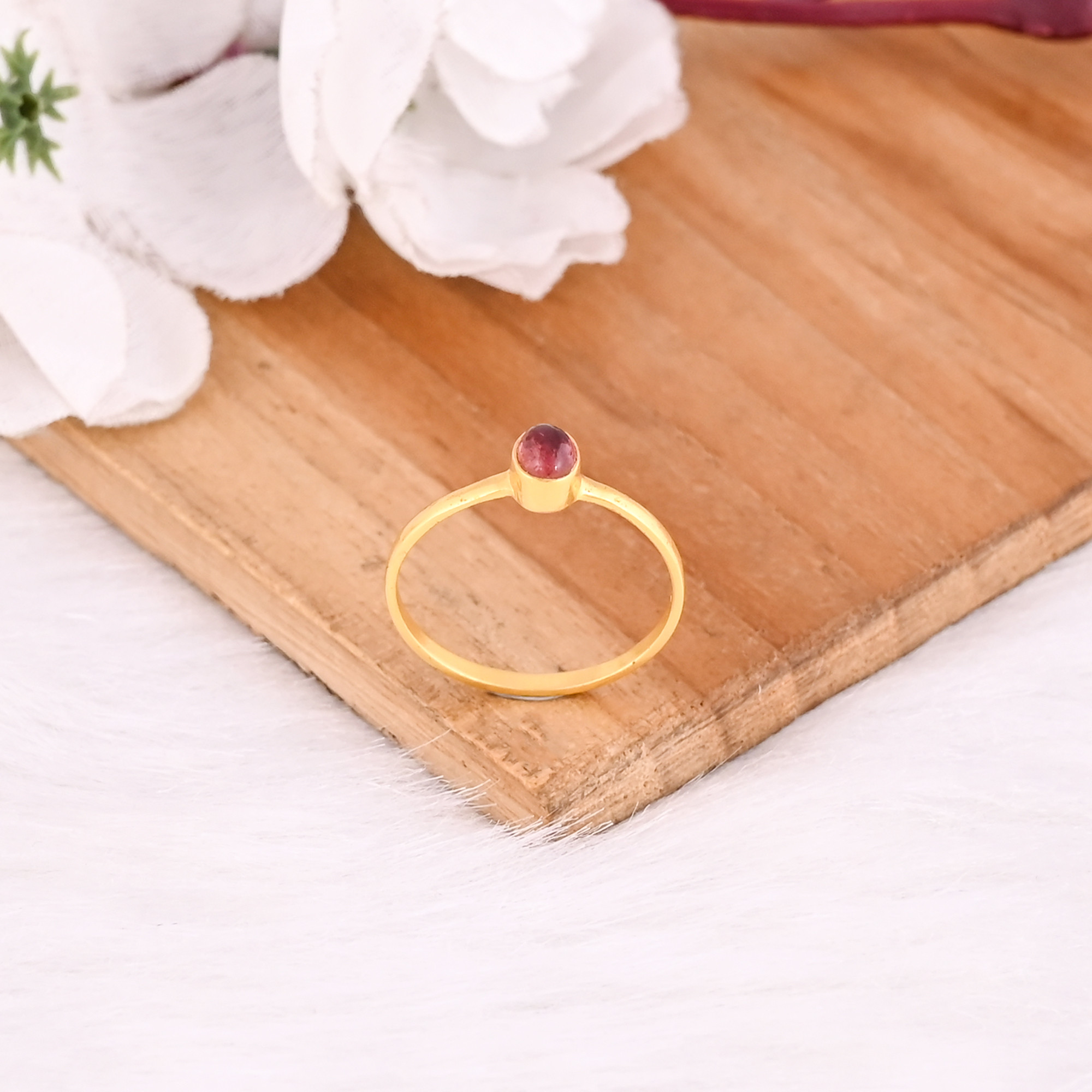 925 Sterling Silver Natural Pink Tourmaline Handmade Yellow Gold Plated Ring Fine Jewelry Wholesale Rings