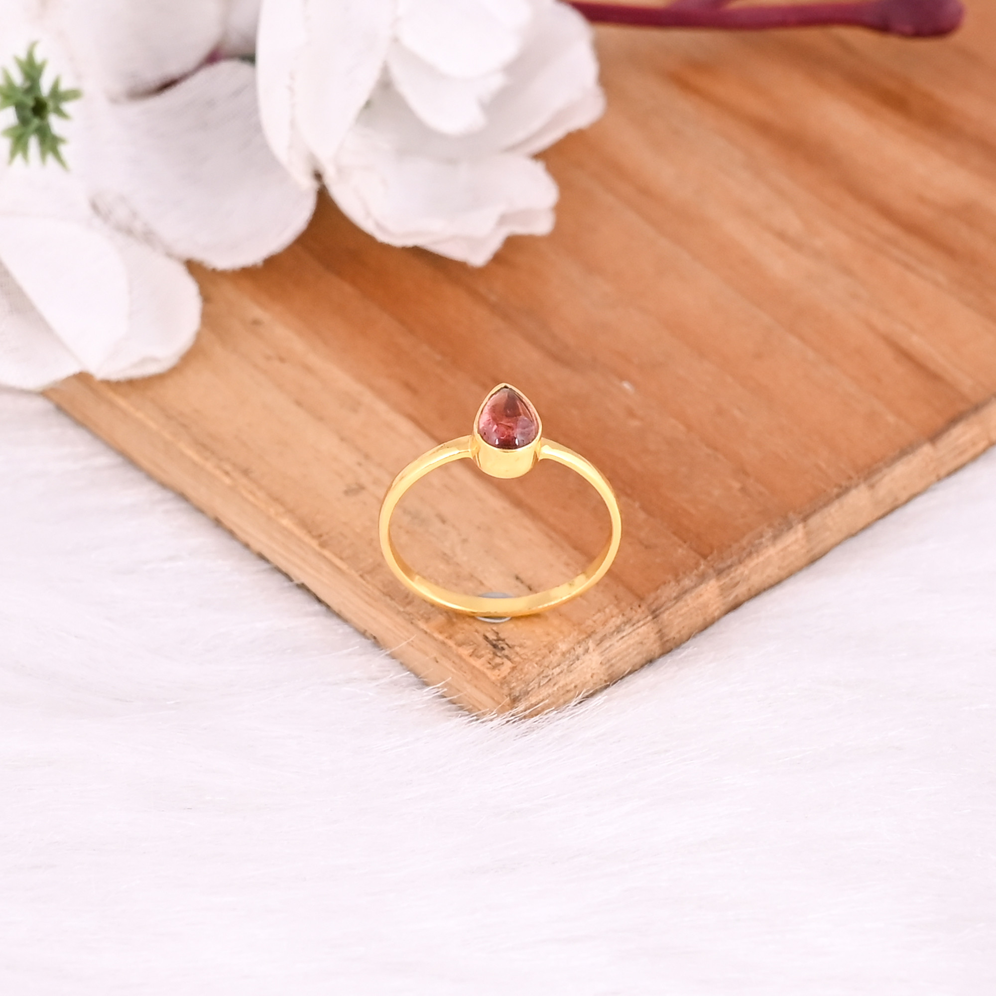 925 Sterling Solid Silver Natural Round Tourmaline Yellow Gold Plated Minimalist Ring