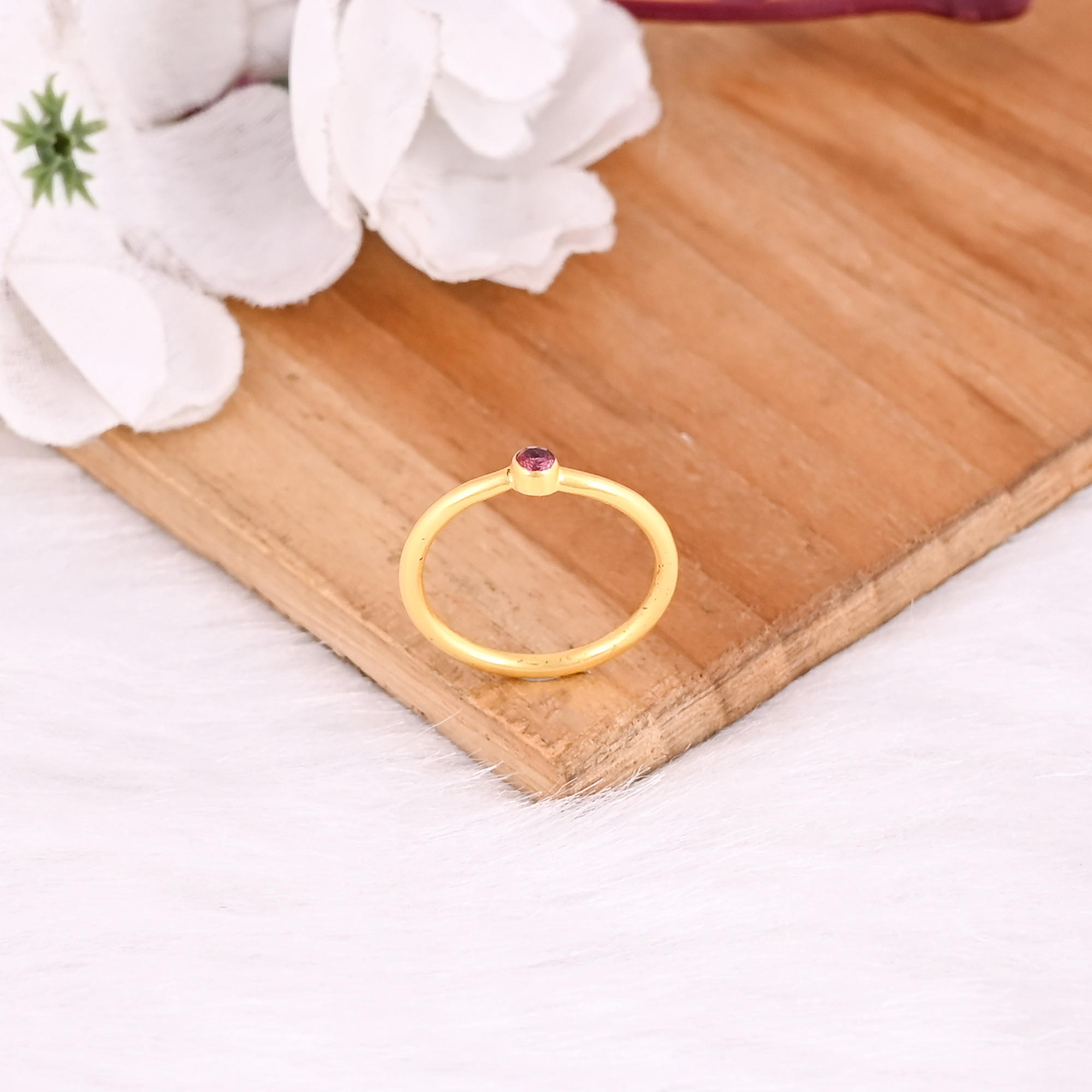 925 Sterling Silver Natural Round Tourmaline Yellow Gold Plated Minimalist Ring Bridesmaid Gift Handmade Jewelry
