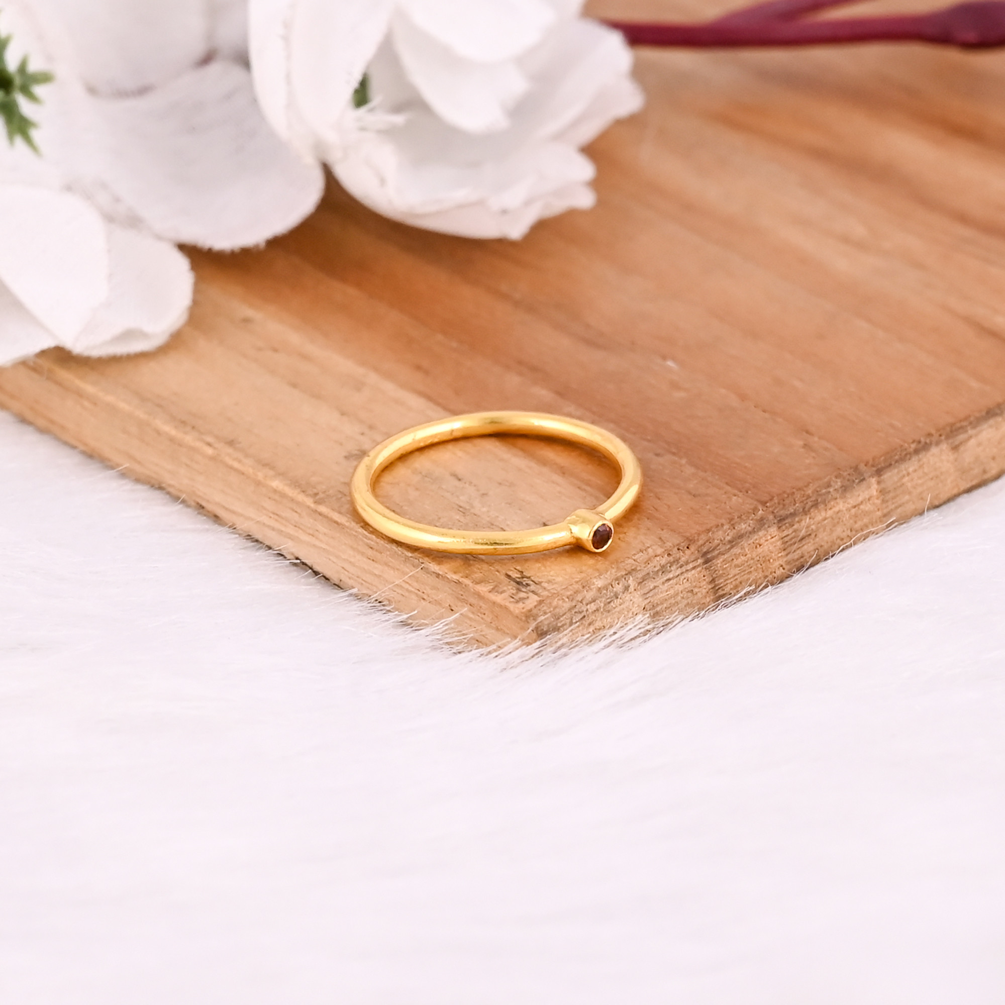 925 Sterling Solid Silver Natural Pink Tourmaline Round Gemstone Stackable Women Yellow Gold Plated Ring