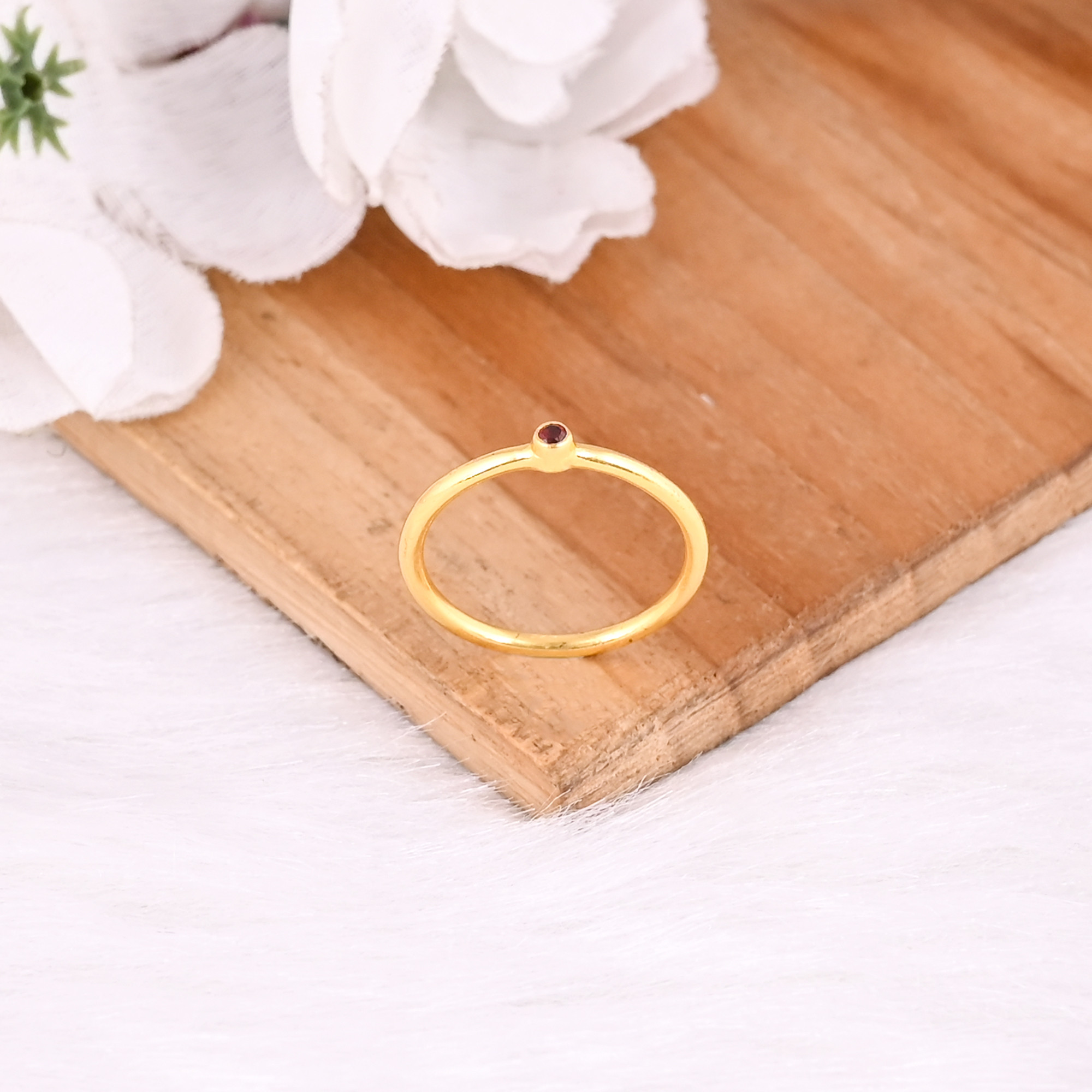 925 Sterling Solid Silver Natural Pink Tourmaline Round Gemstone Stackable Women Yellow Gold Plated Ring