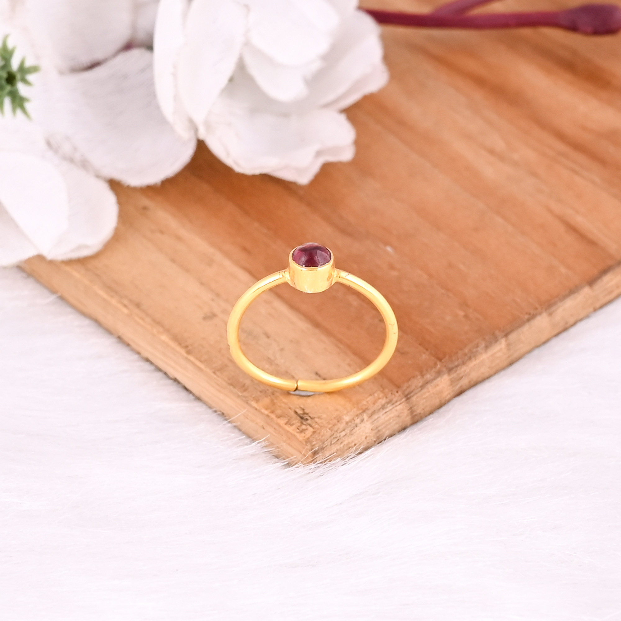 925 Sterling Silver Natural Round Tourmaline Yellow Gold Plated Minimalist Adjustable Ring