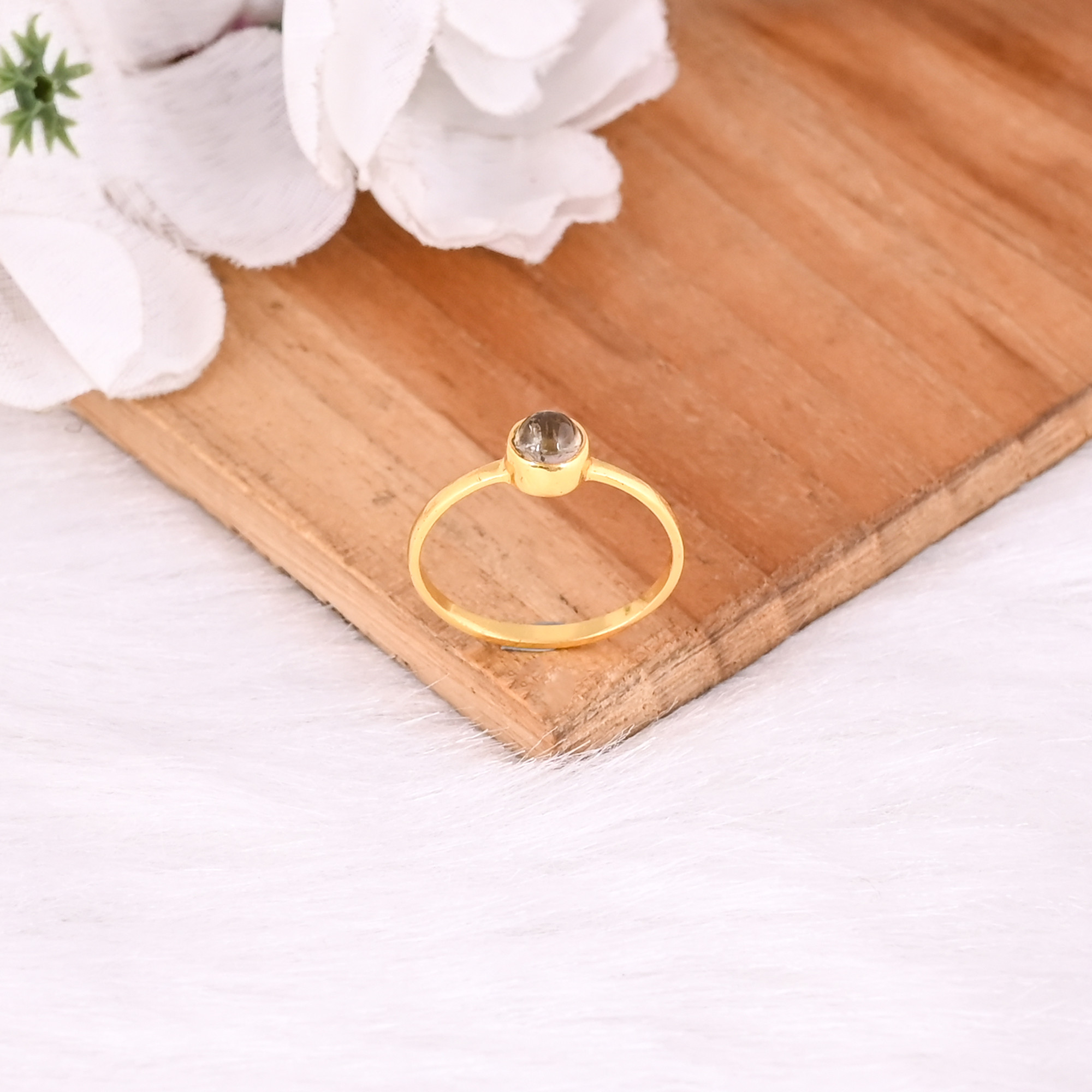 925 Sterling Silver Natural Round Tourmaline Bezel Setting Yellow Gold Plated Stacking Ring