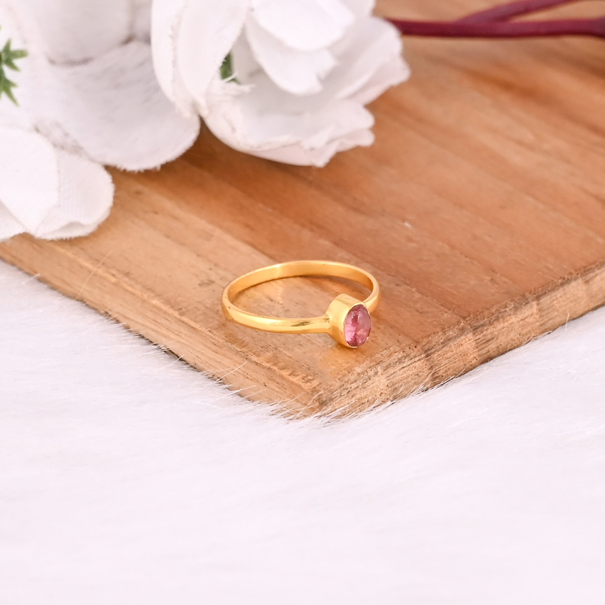 925 Sterling Silver Natural Pink Tourmaline Yellow Gold Plated Handmade Stacking Ring Anniversary Gift