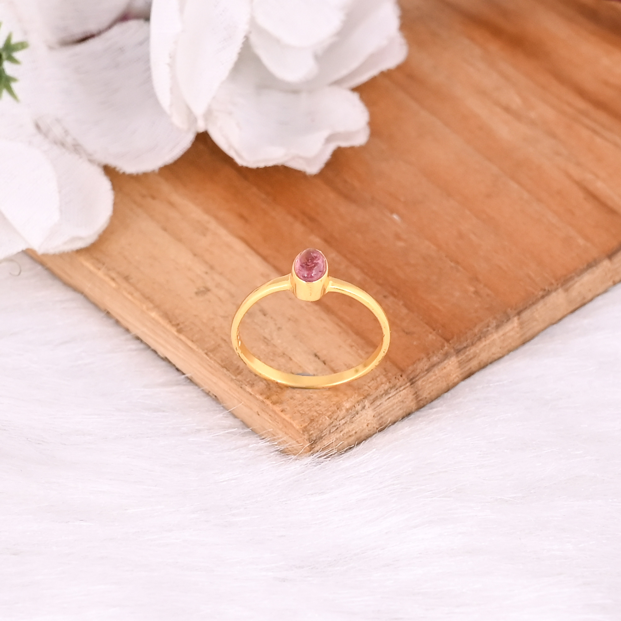 925 Sterling Silver Natural Pink Tourmaline Yellow Gold Plated Handmade Stacking Ring Anniversary Gift