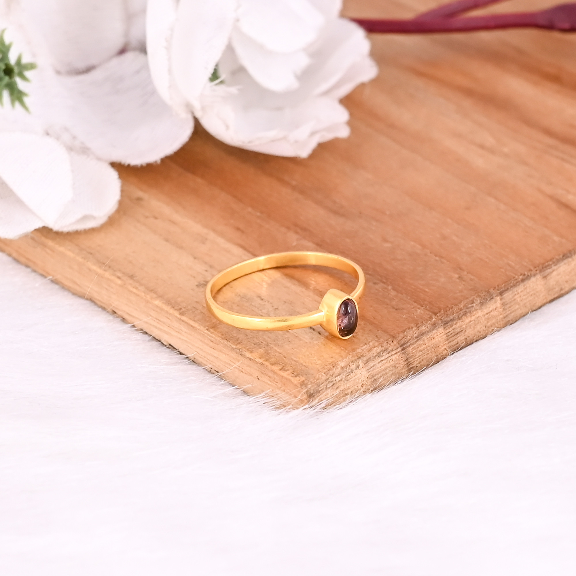925 Sterling Solid Silver Natural Tourmaline Yellow Gold Plated Handmade Minimalist Women Ring Jewelry