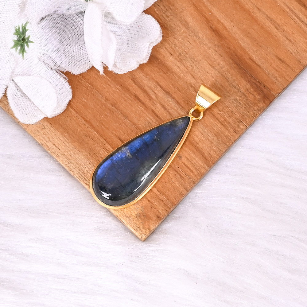 Image of Handmade Natural Labradorite Tear Drop Pendant Gold Plated Brass Gemstone Jewelry