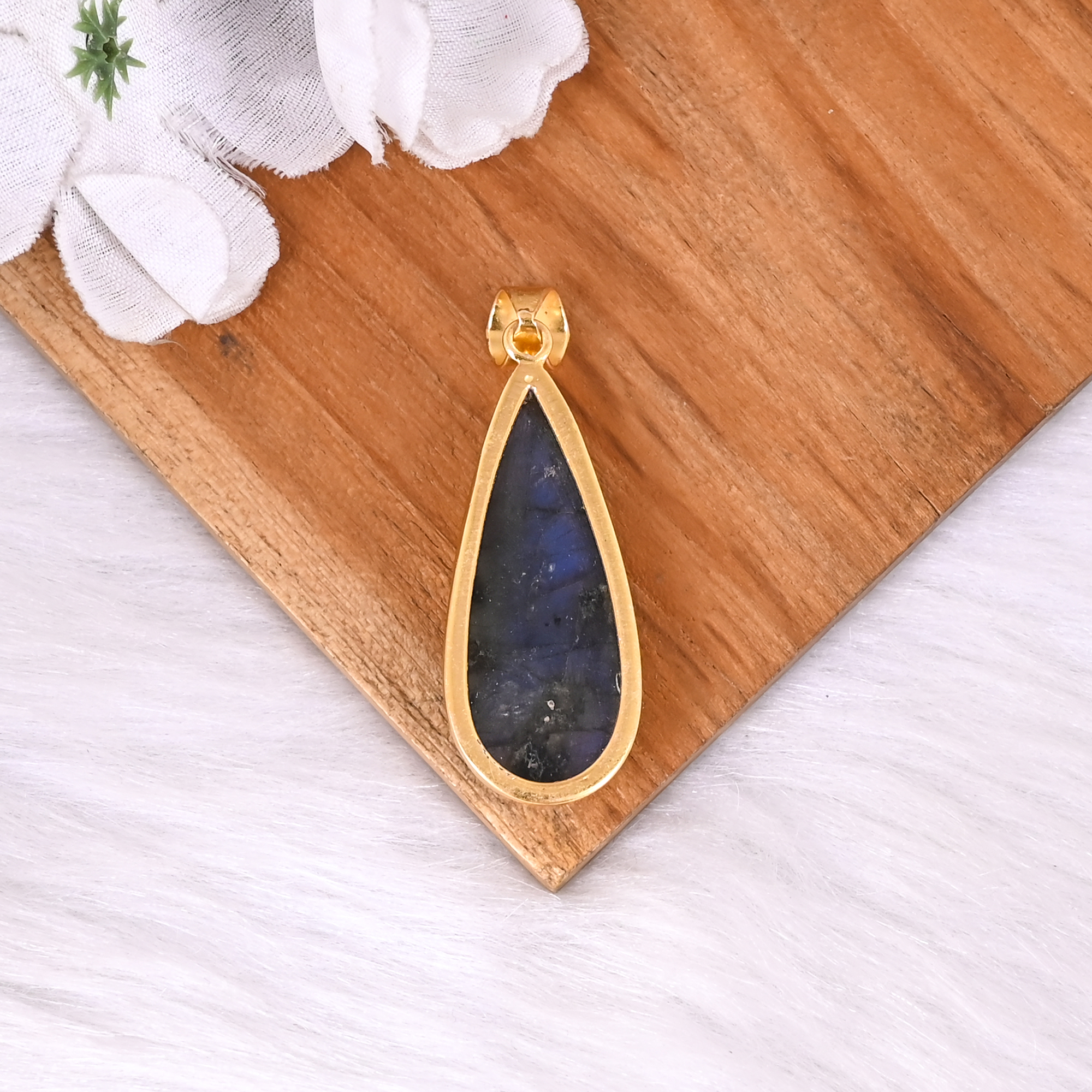 Handmade Natural Labradorite Tear Drop Pendant Gold Plated Brass Gemstone Jewelry