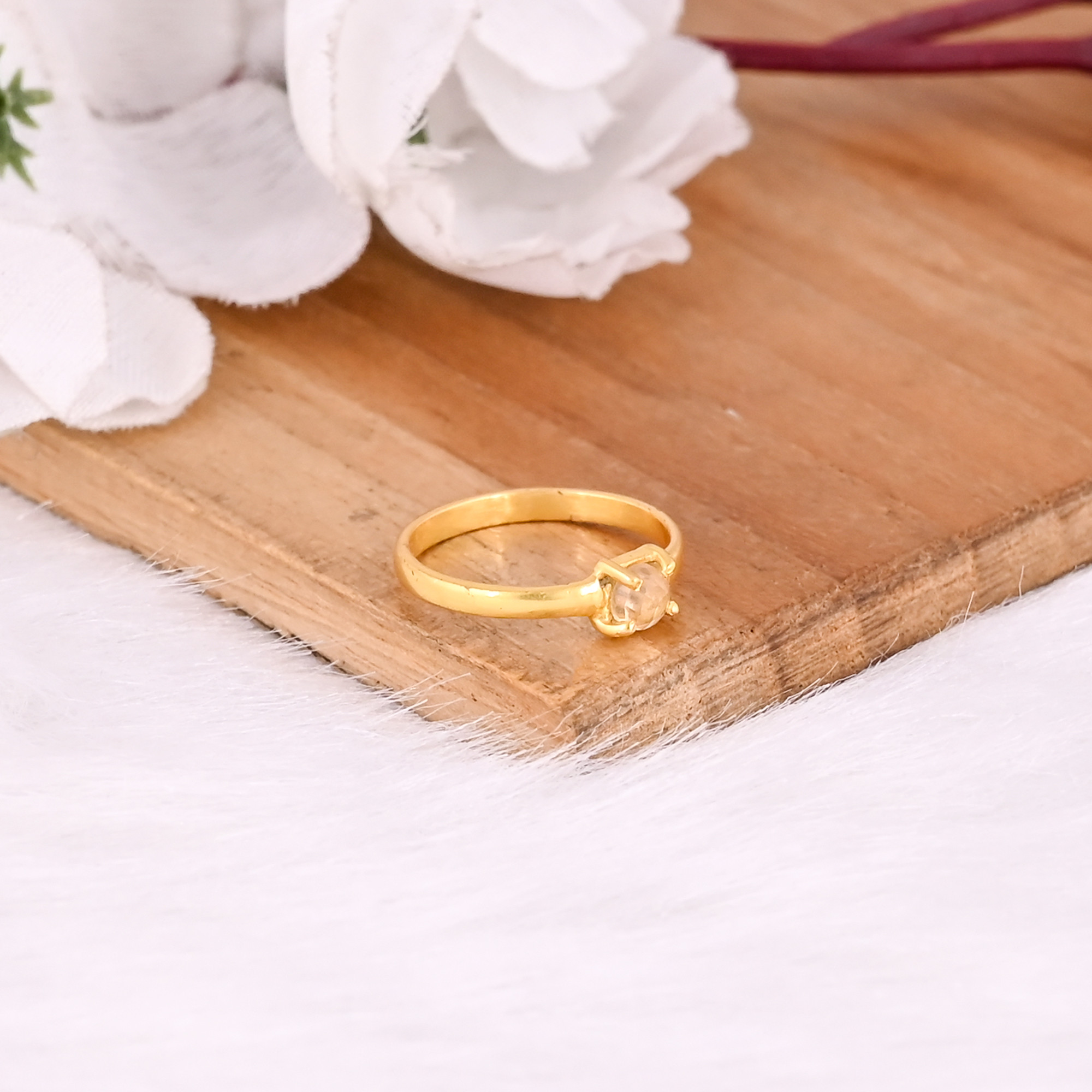 925 Sterling Silver Crystal Quartz Yellow Gold Plated Handmade Prong Setting Stacking Ring Anniversary Gift