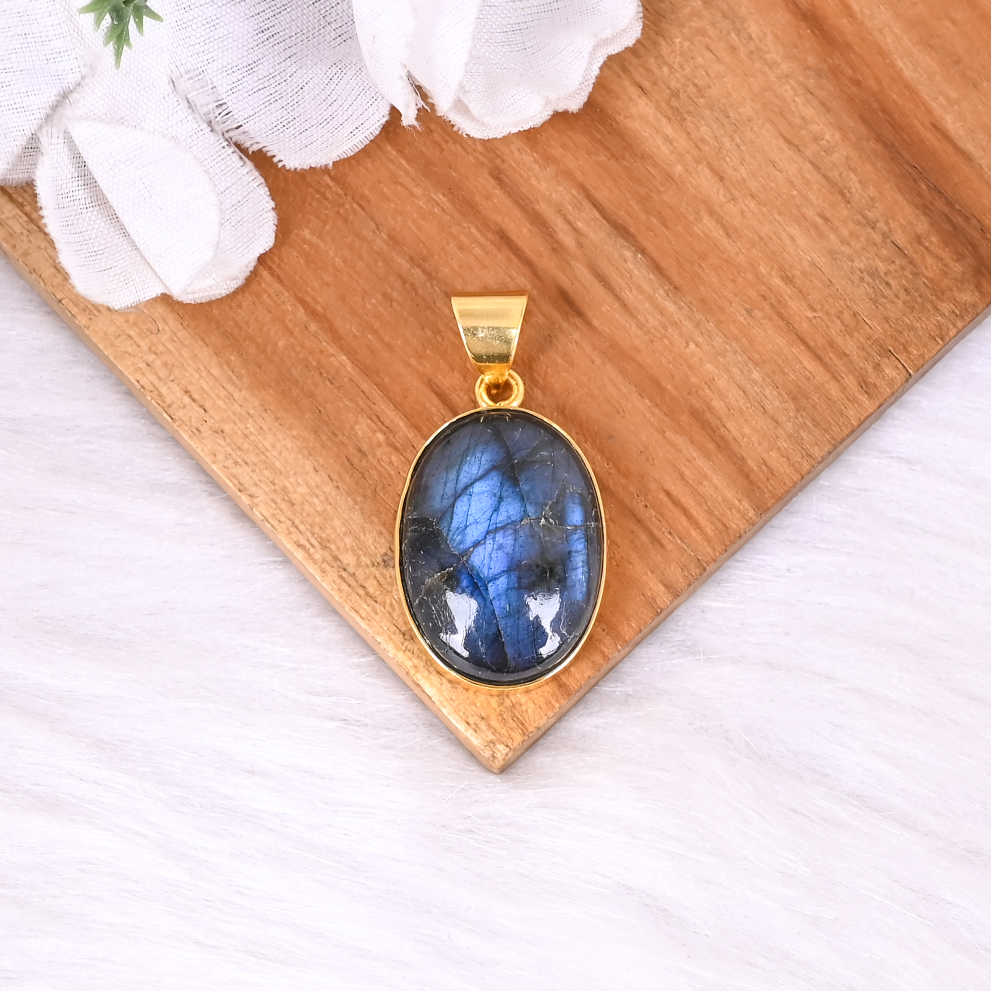 Classic Oval Labradorite Gemstone Pendant Handmade Brass Jewelry