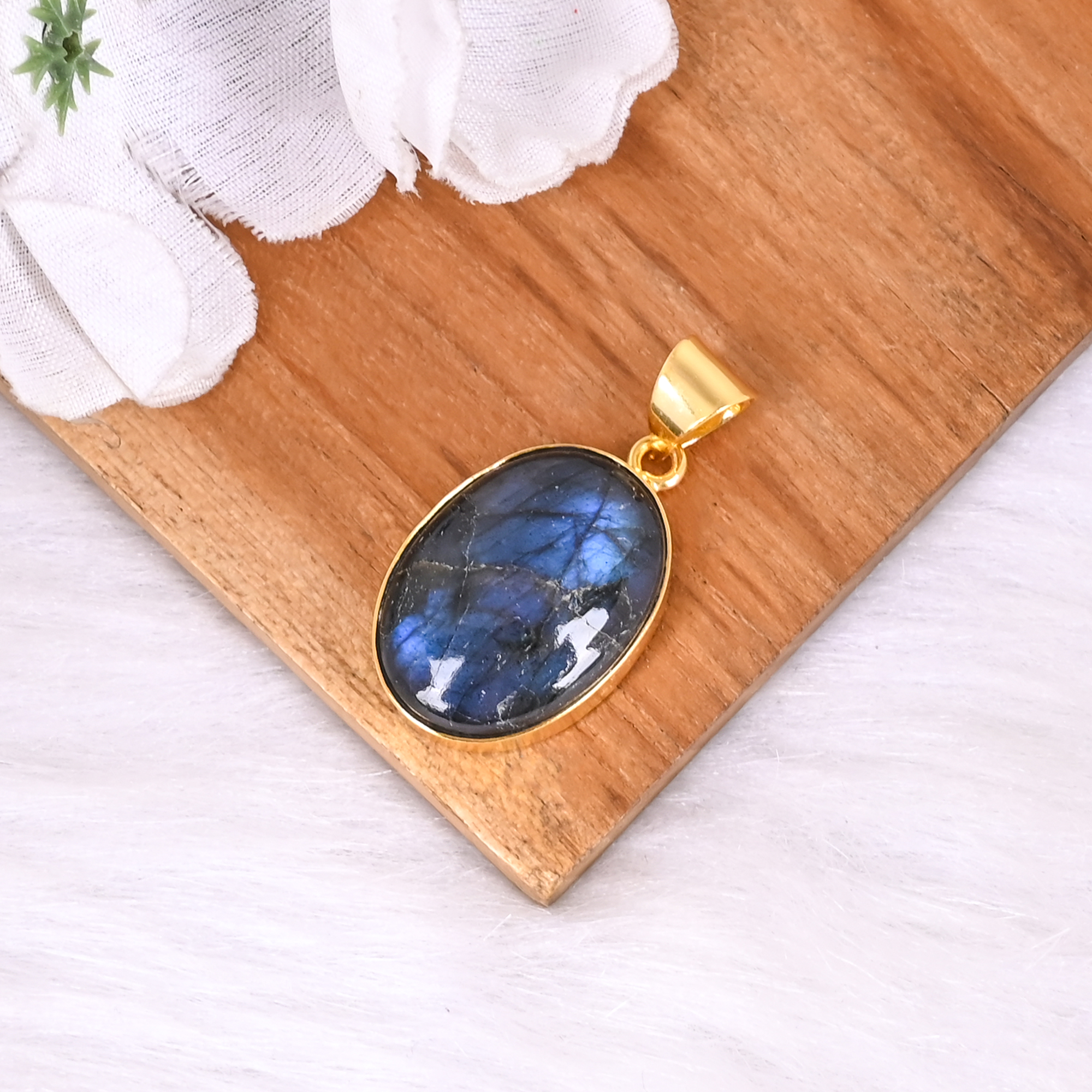 Classic Oval Labradorite Gemstone Pendant Handmade Brass Jewelry