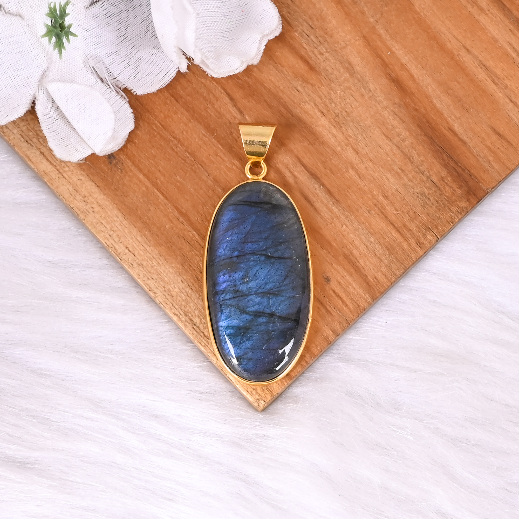 Natural Labradorite Bezel Set Brass Pendant With Long Oval Cabochon Gemstone
