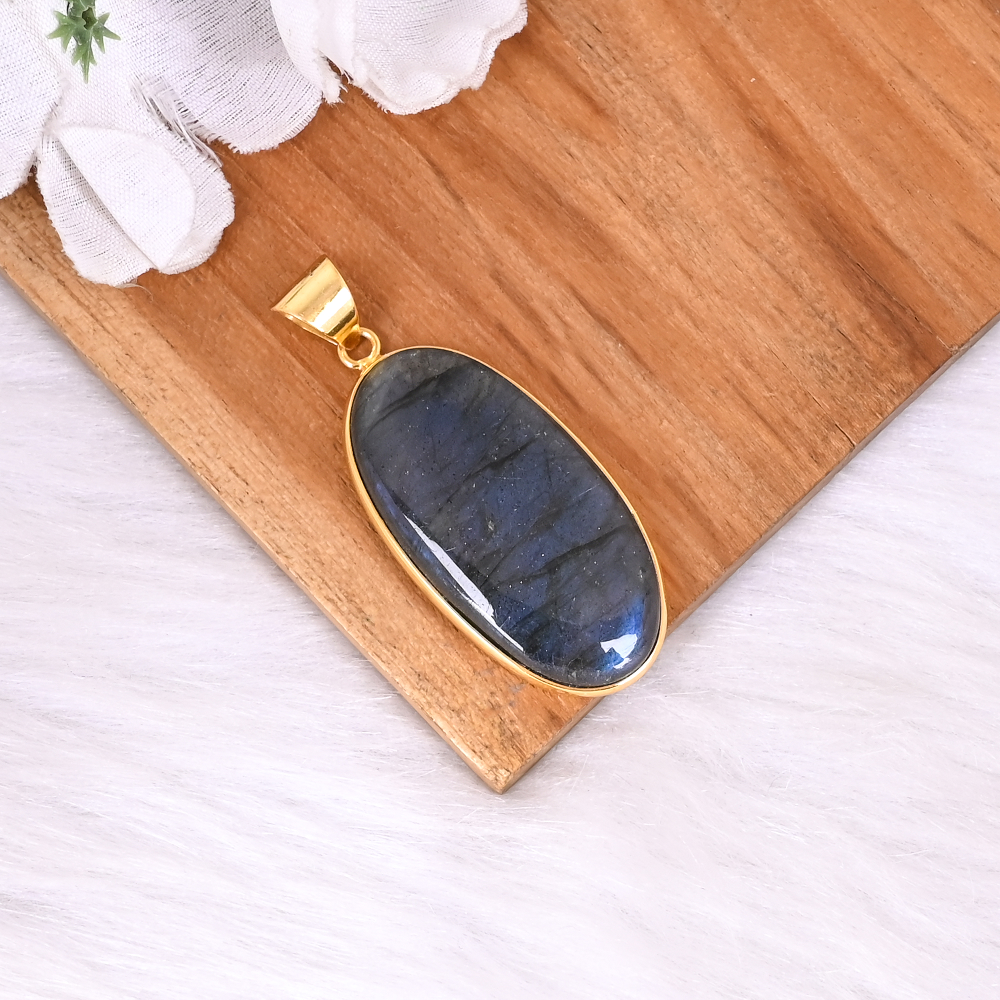 Classic Labradorite Brass Bezel Set Pendant Oval Cabochon Gemstone Handmade Jewelry