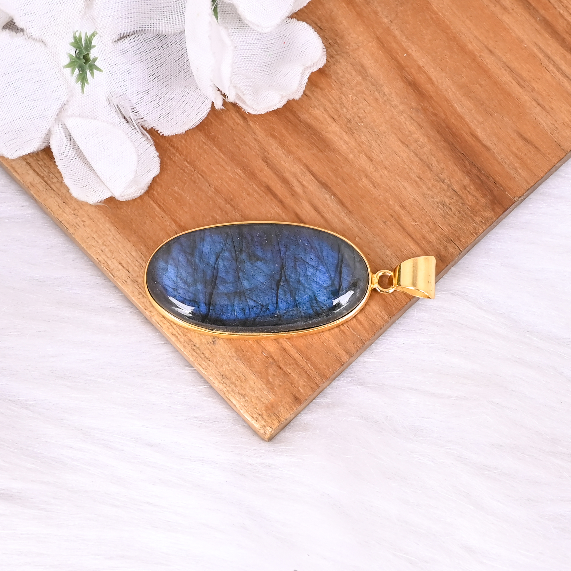 Natural Labradorite Bezel Set Brass Pendant With Long Oval Cabochon Gemstone