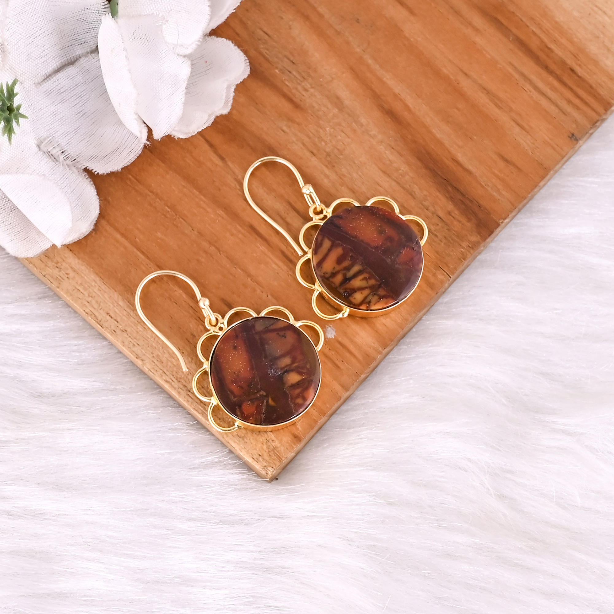 Bohemian Brass Malinga Jasper Gemstone Earrings Handcrafted Ethnic Statement Jewelry High-quality Brass Earrings Bulk Order