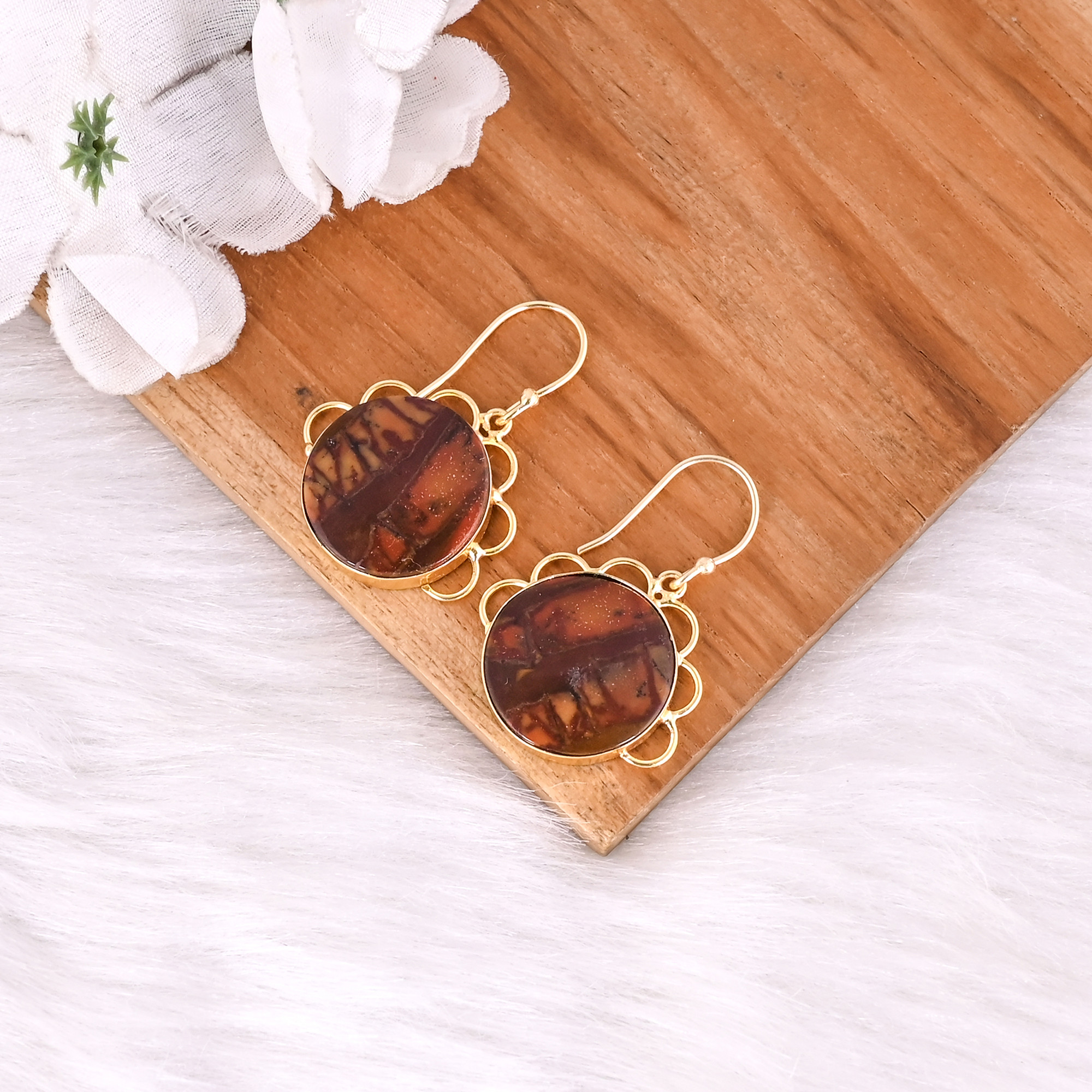 Bohemian Brass Malinga Jasper Gemstone Earrings Handcrafted Ethnic Statement Jewelry High-quality Brass Earrings Bulk Order