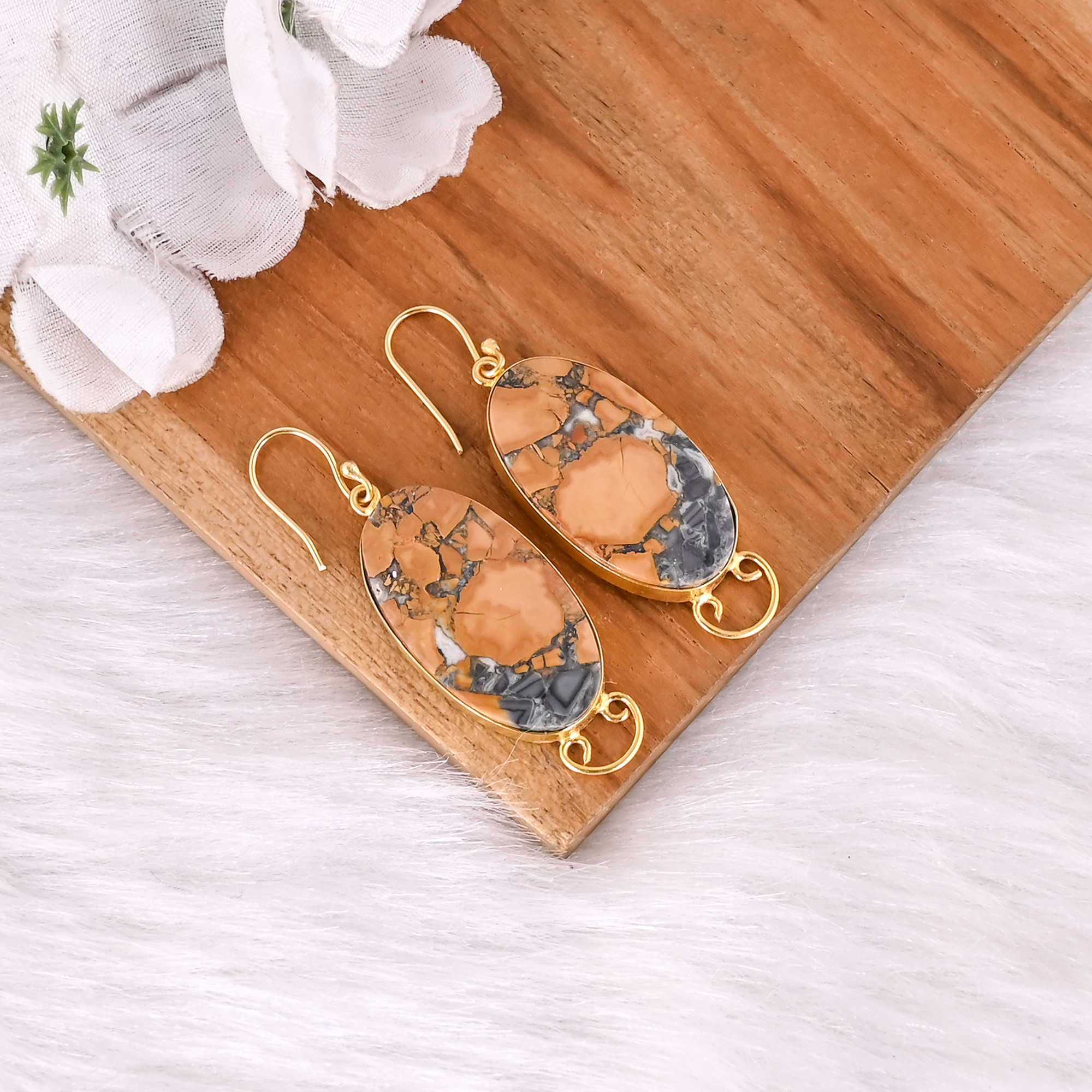 Handmade Classic Style Gold Plated Brass Earrings Malinga jasper Gemstone Dangle Earring Long Oval Earring Wholesale Manufacturer