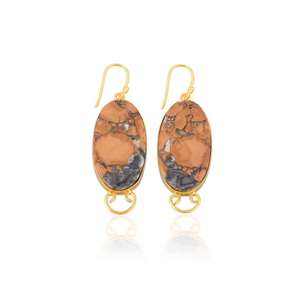 Image of Handmade Classic Style Gold Plated Brass Earrings Malinga jasper Gemstone Dangle Earring Long Oval Earring Wholesale Manufacturer