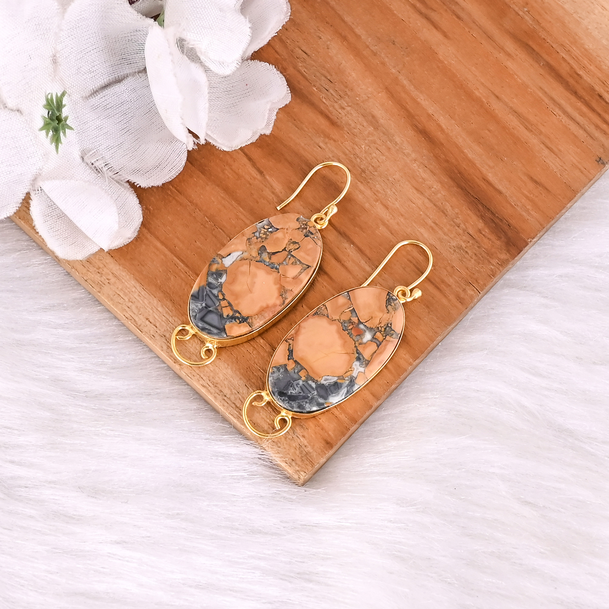 Handmade Classic Style Gold Plated Brass Earrings Malinga jasper Gemstone Dangle Earring Long Oval Earring Wholesale Manufacturer
