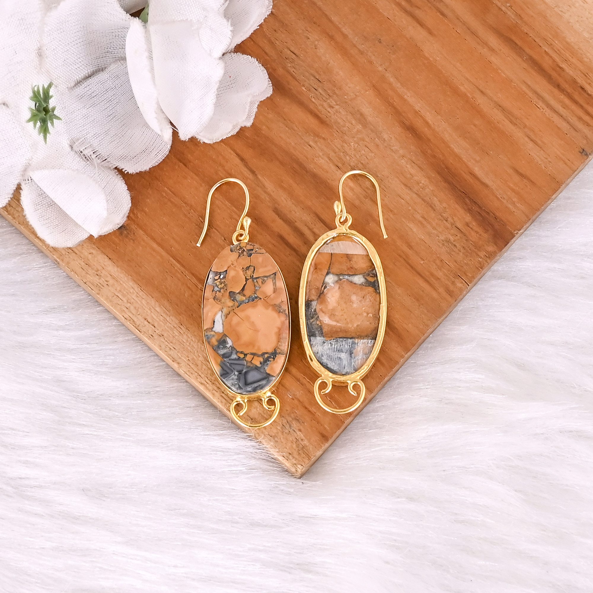 Handmade Classic Style Gold Plated Brass Earrings Malinga jasper Gemstone Dangle Earring Long Oval Earring Wholesale Manufacturer