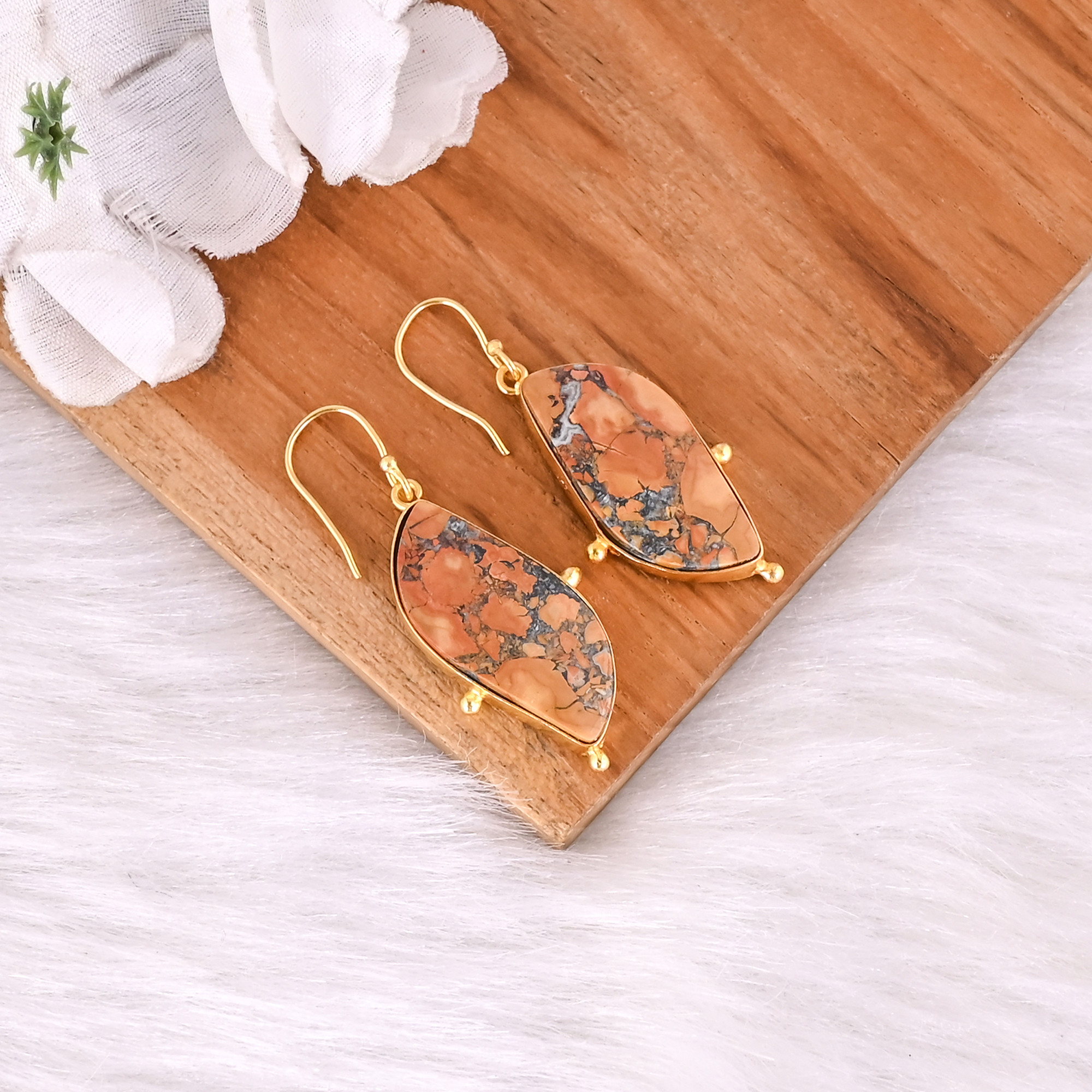 Classic Malinga Jasper Gemstone Earring Yellow Gold Plated Brass Drop Earrings Trendy Style Brass Earrings For Weddings Parties