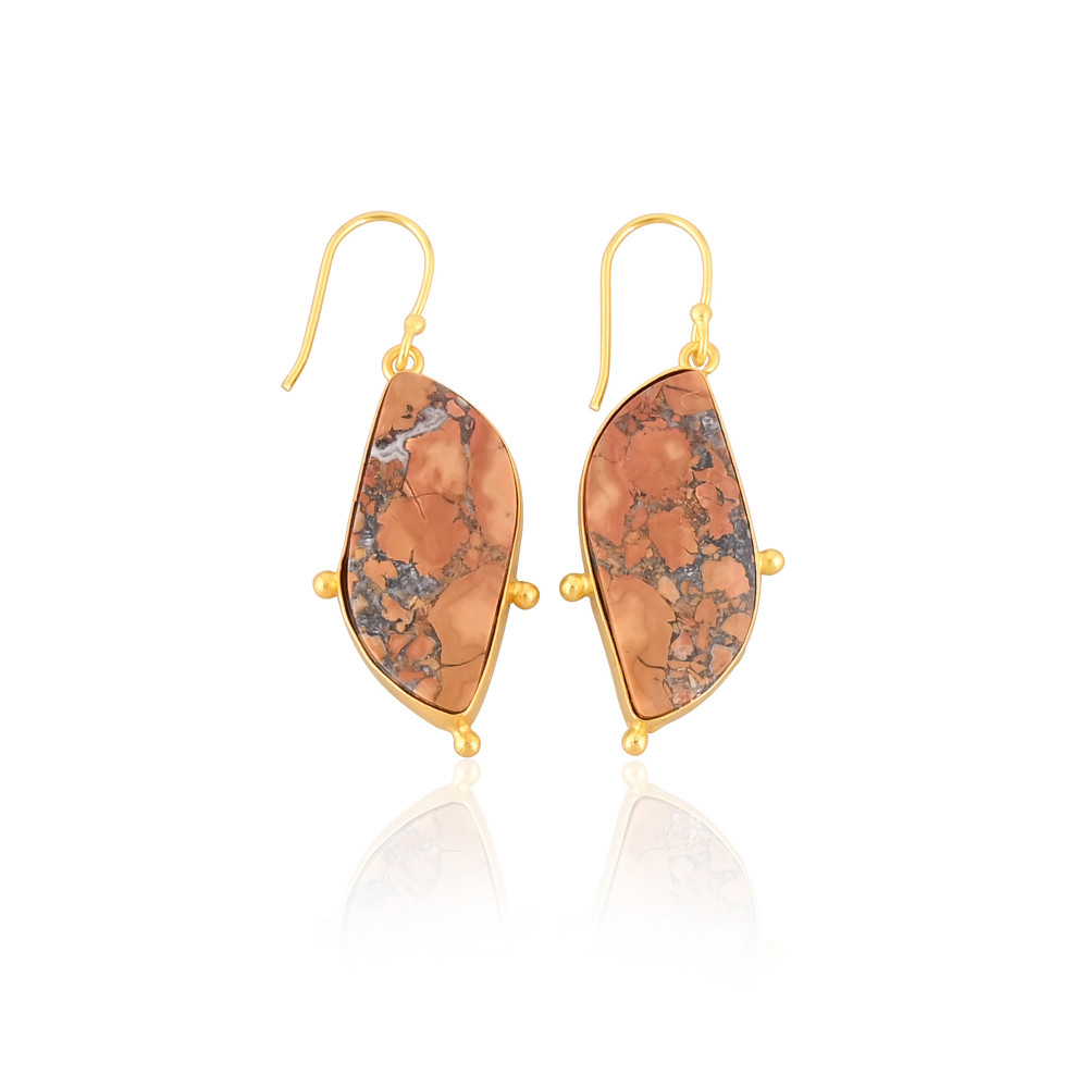 Image of Classic Malinga Jasper Gemstone Earring Yellow Gold Plated Brass Drop Earrings Trendy Style Brass Earrings For Weddings Parties