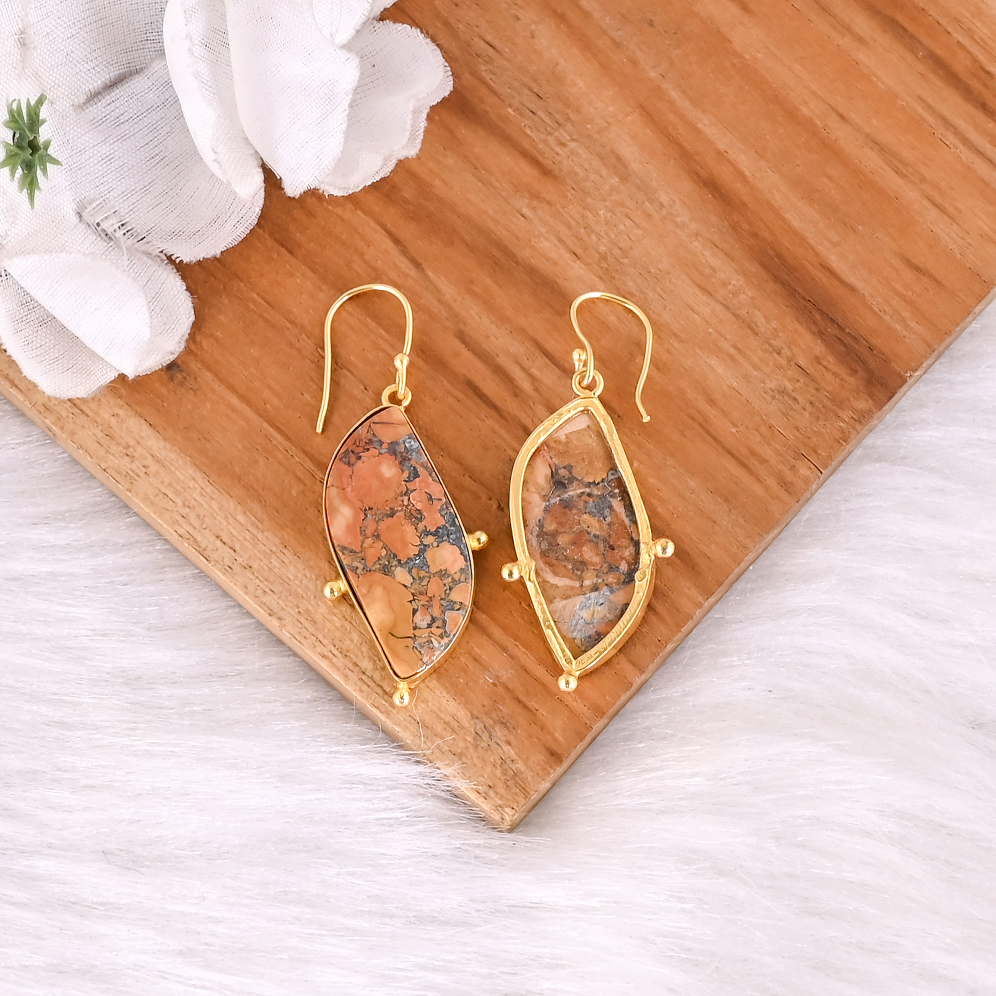 Classic Malinga Jasper Gemstone Earring Yellow Gold Plated Brass Drop Earrings Trendy Style Brass Earrings For Weddings Parties
