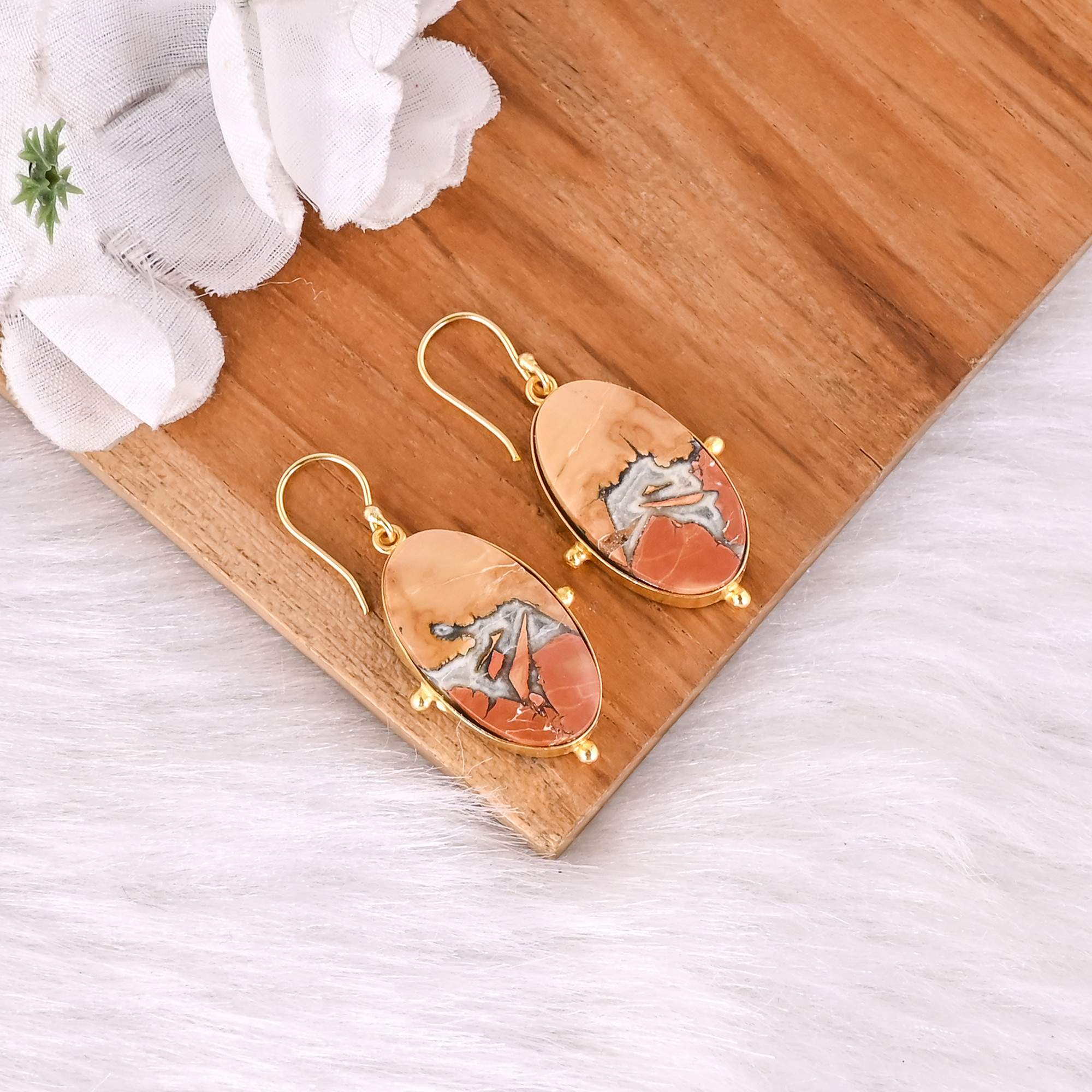 Handmade Classic Style Gold Plated Brass Earring Malinga Jasper Gemstone Dangle Earring Long Oval Earring Wholesale Manufacturer