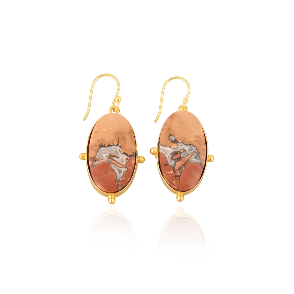 Image of Handmade Classic Style Gold Plated Brass Earring Malinga Jasper Gemstone Dangle Earring Long Oval Earring Wholesale Manufacturer