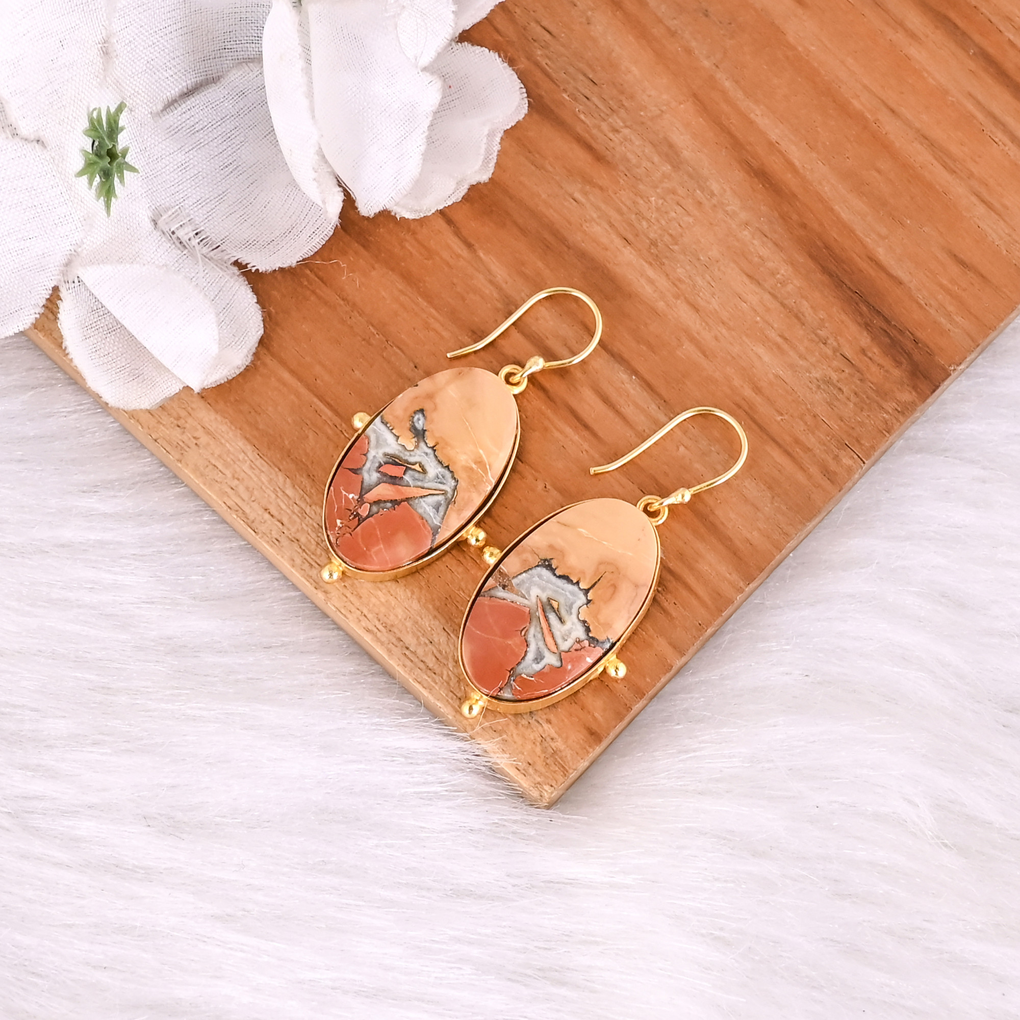 Handmade Classic Style Gold Plated Brass Earring Malinga Jasper Gemstone Dangle Earring Long Oval Earring Wholesale Manufacturer
