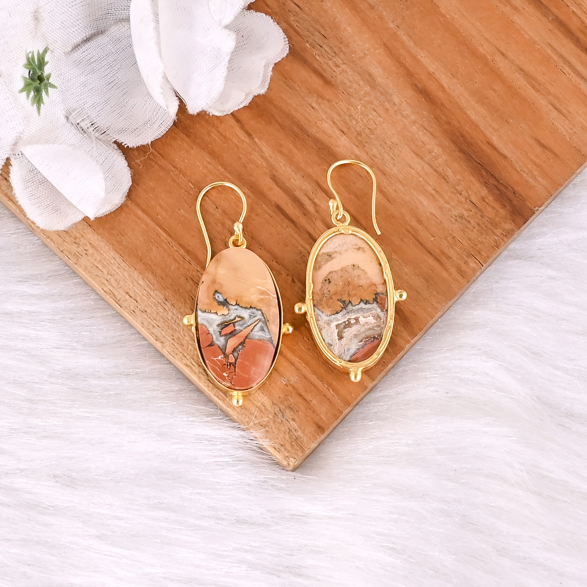 Handmade Classic Style Gold Plated Brass Earring Malinga Jasper Gemstone Dangle Earring Long Oval Earring Wholesale Manufacturer