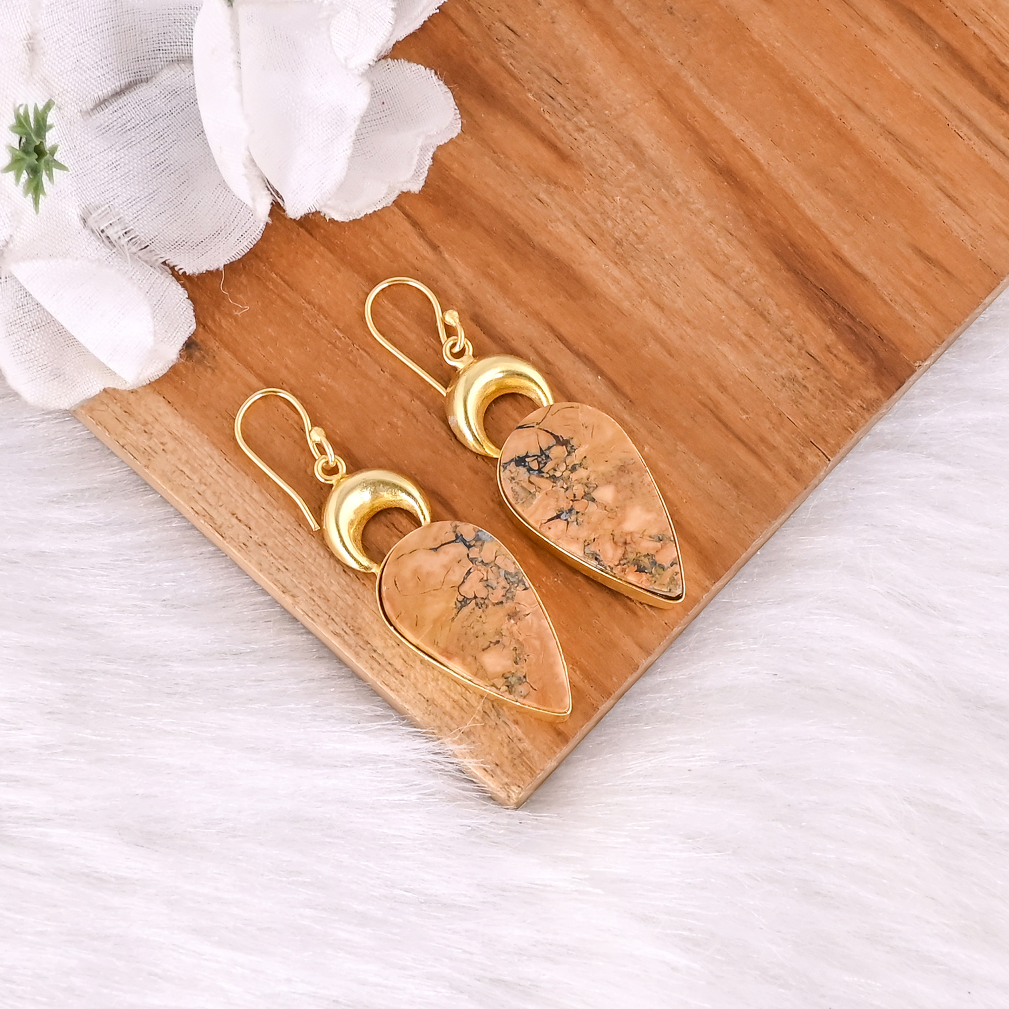Hot Selling Yellow Gold Plated Earring Malinga Jasper Gemstone Earring Fashion Boho Statement Earrings Wholesale Popular Jewelry