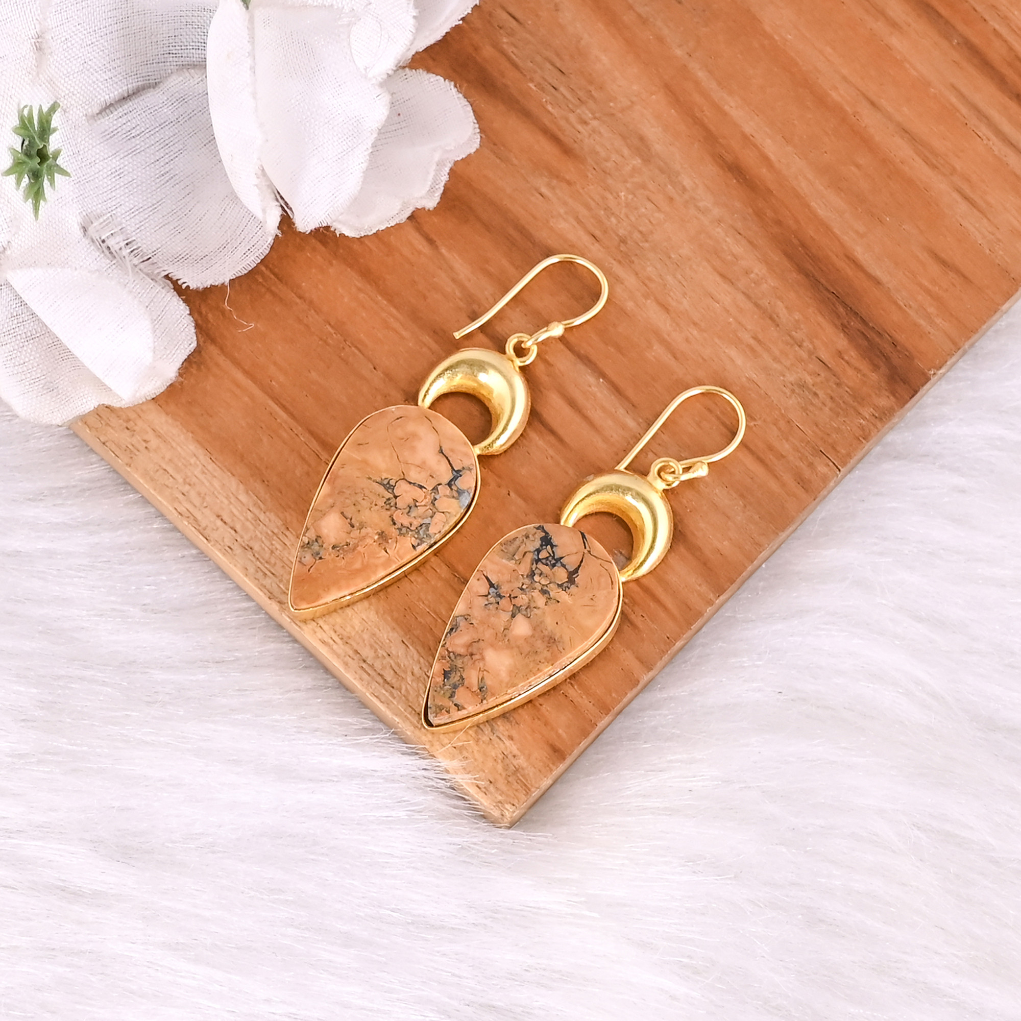 Hot Selling Yellow Gold Plated Earring Malinga Jasper Gemstone Earring Fashion Boho Statement Earrings Wholesale Popular Jewelry