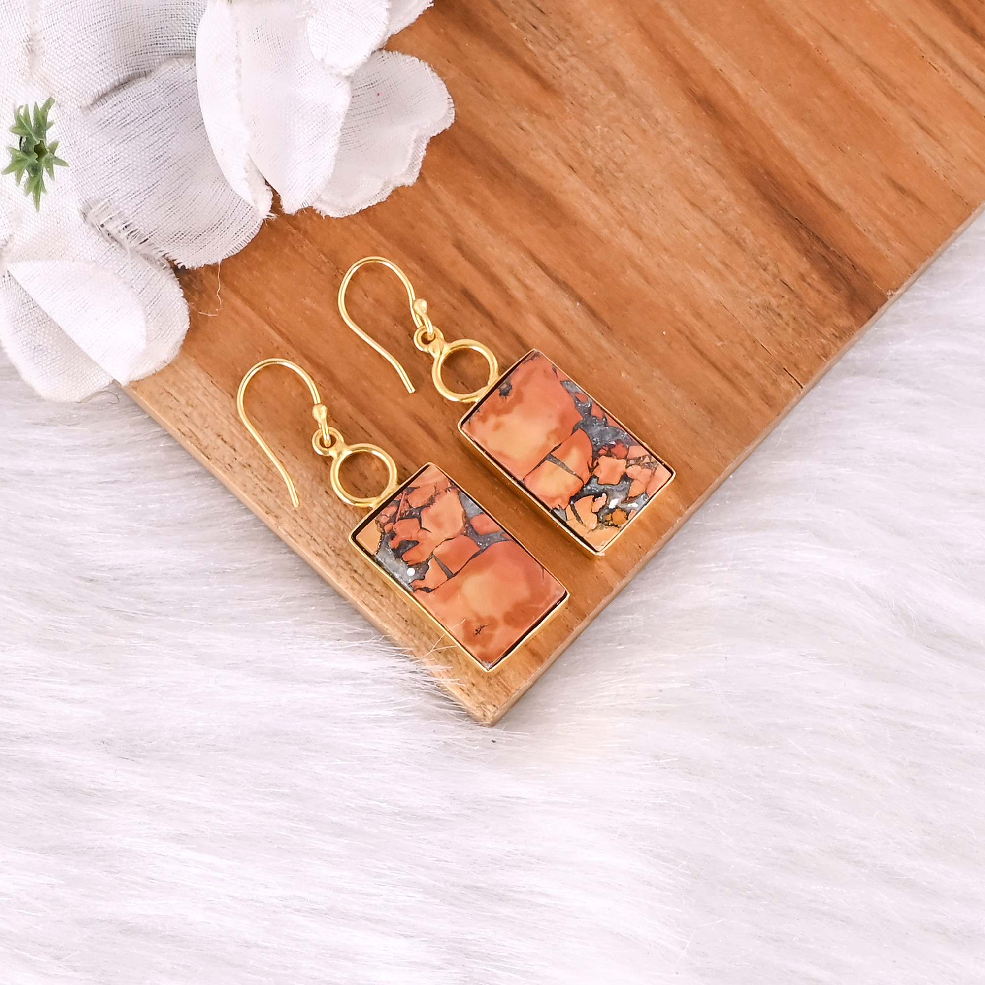 Handmade Classic Style Gold Plated Brass Earring Malinga Jasper Gemstone Dangle Earring Long Oval Earring Wholesale Manufacturer