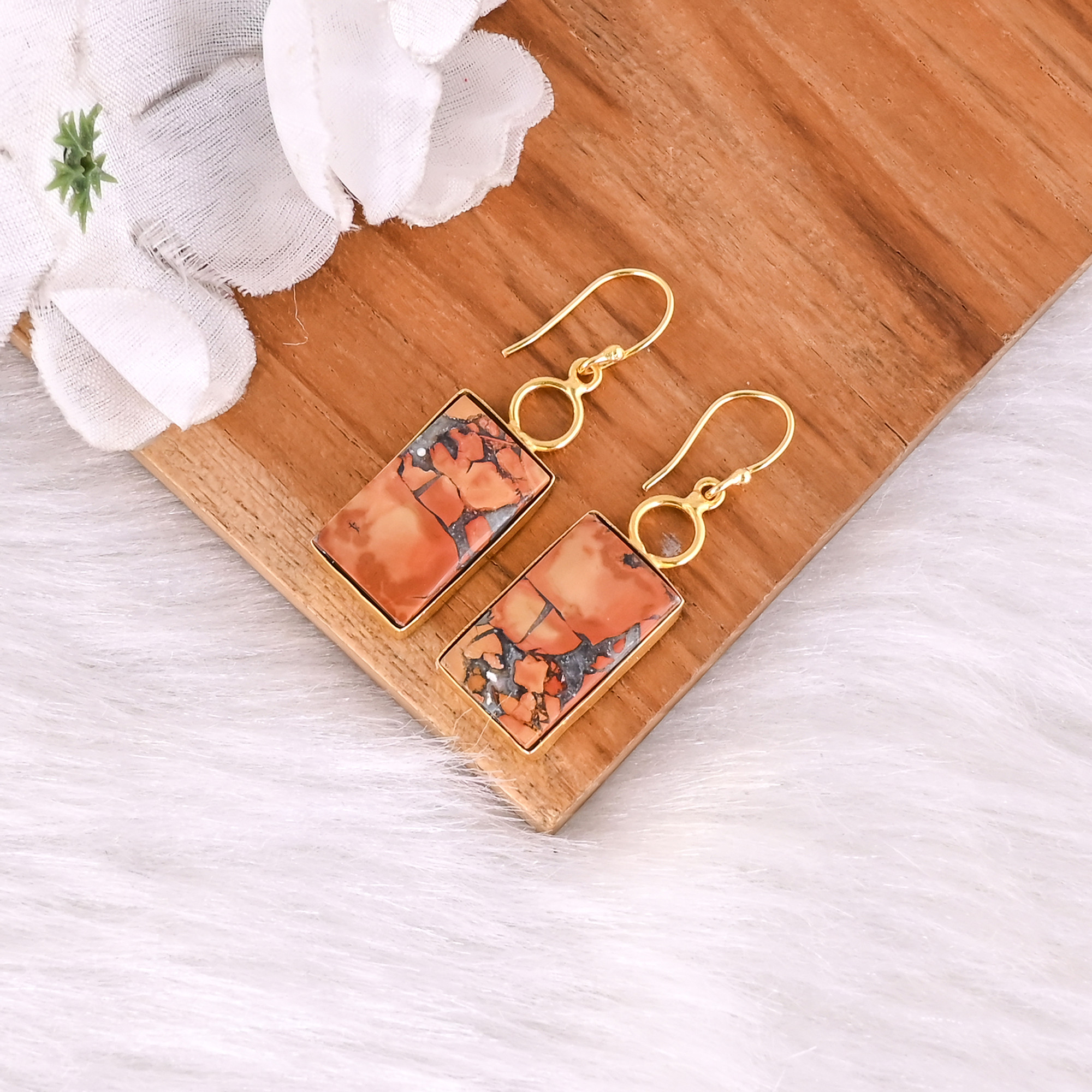 Handmade Classic Style Gold Plated Brass Earring Malinga Jasper Gemstone Dangle Earring Long Oval Earring Wholesale Manufacturer