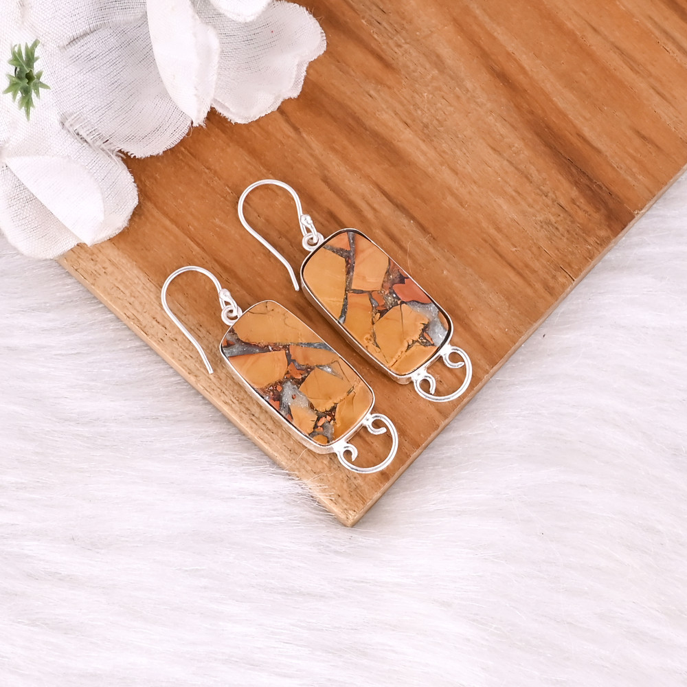 Image of Handmade Boho Style Brass Earring Malinga Jasper Gemstone Dangle Earring Silver Plated Rectangle Earring Wholesale Manufacturer