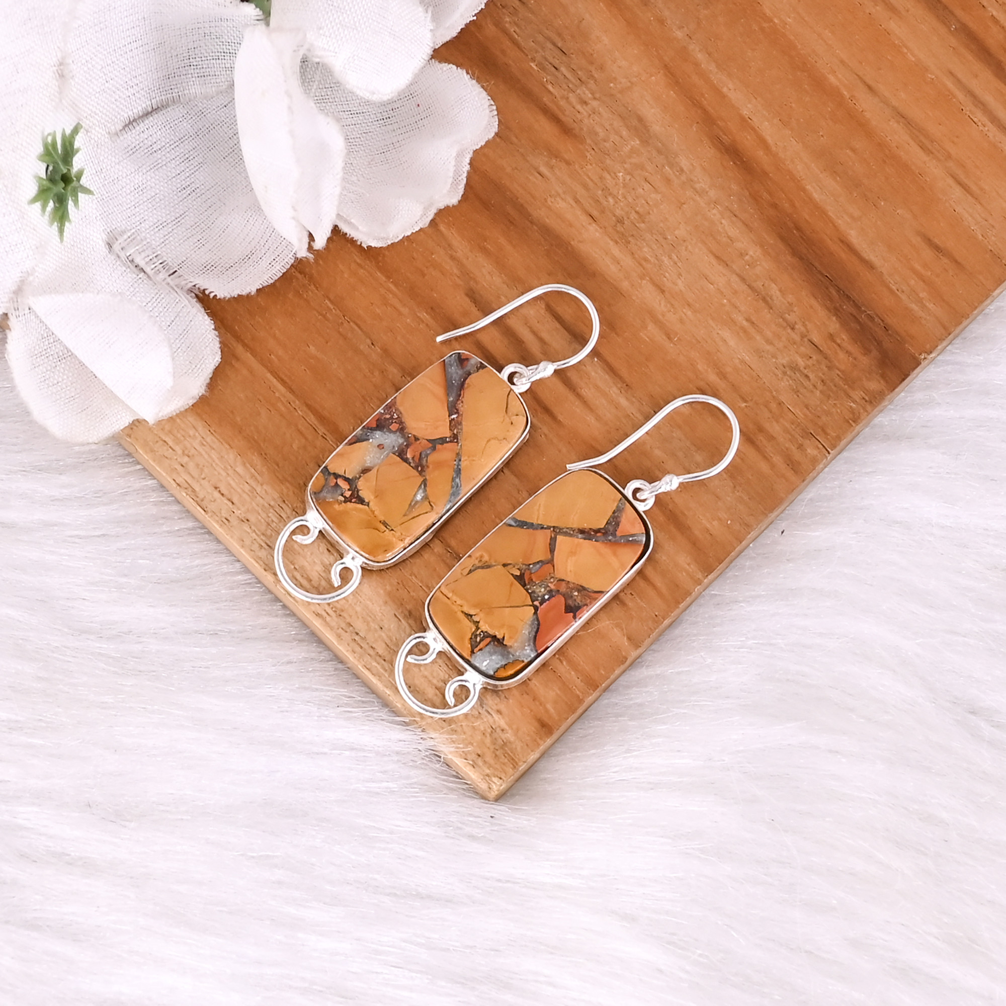 Handmade Boho Style Brass Earring Malinga Jasper Gemstone Dangle Earring Silver Plated Rectangle Earring Wholesale Manufacturer