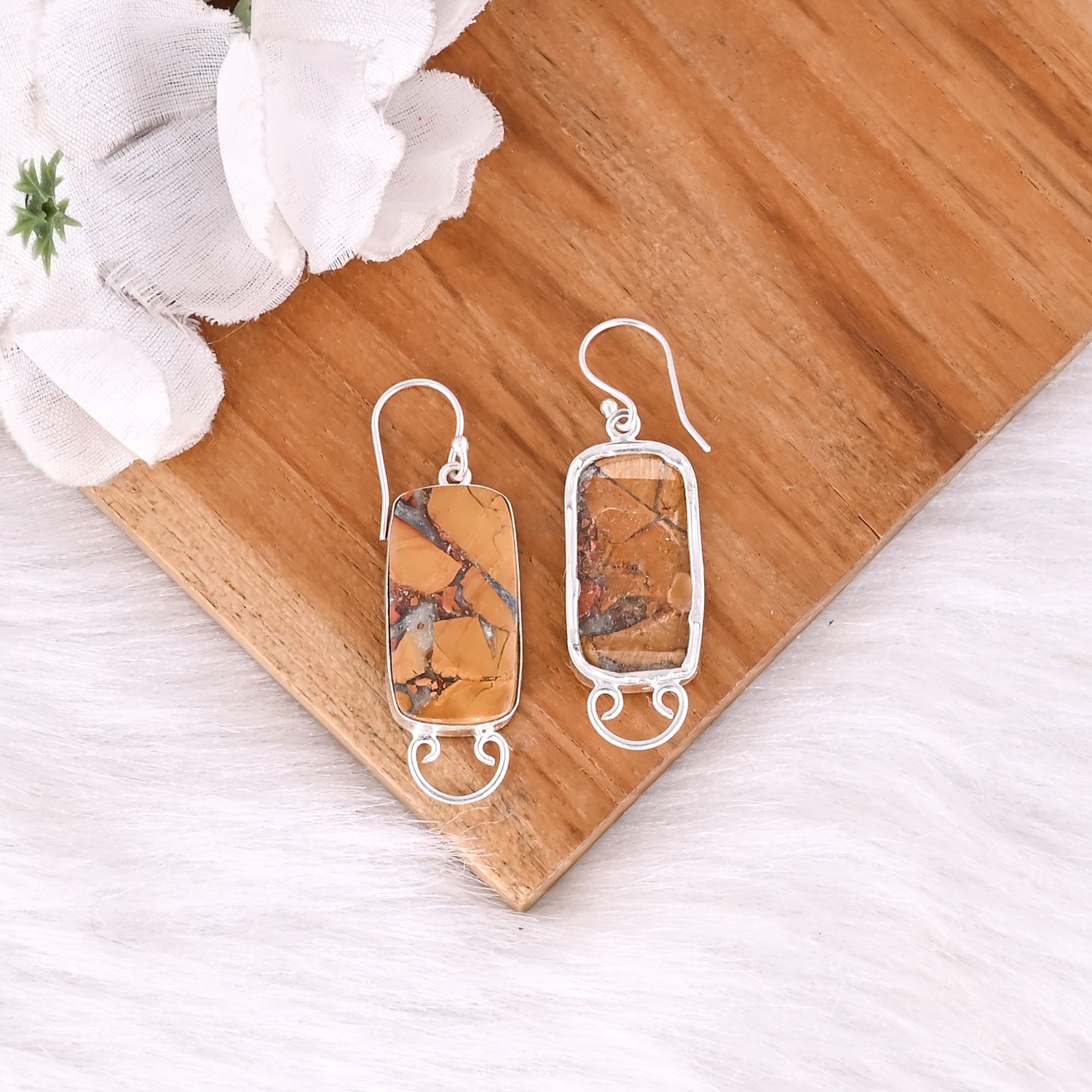 Handmade Boho Style Brass Earring Malinga Jasper Gemstone Dangle Earring Silver Plated Rectangle Earring Wholesale Manufacturer